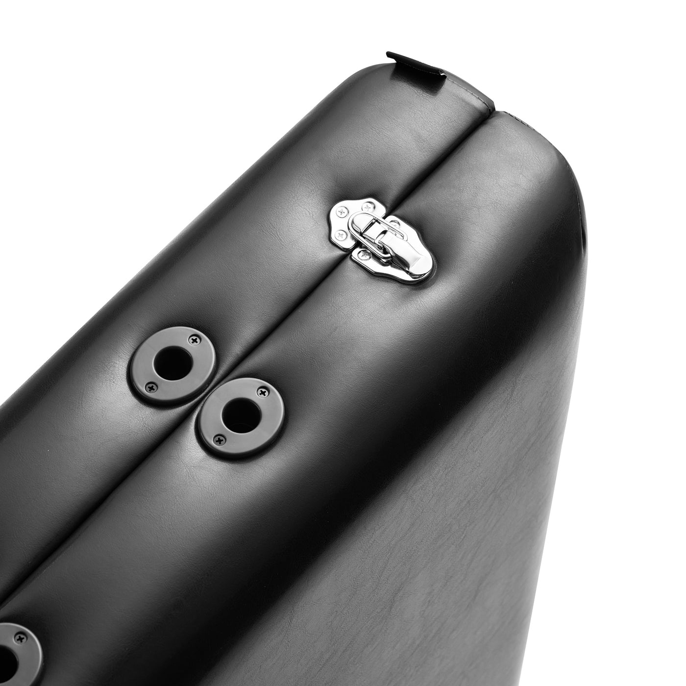 Close-up of Master Massage BALBOA portable massage table case, black with latch and two ports.