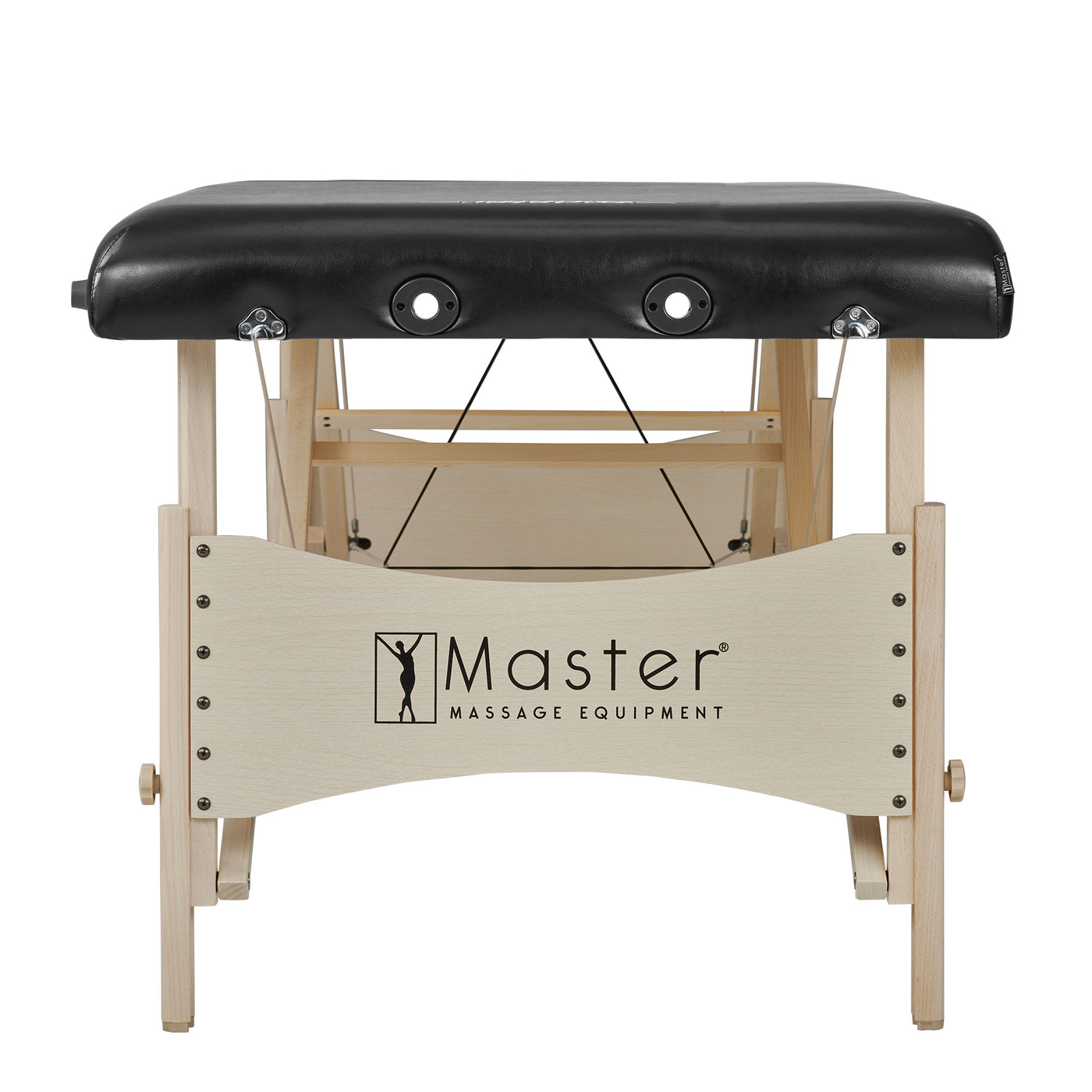 Master Massage BALBOA portable table with multi-layer foam and light wood frame, end view.