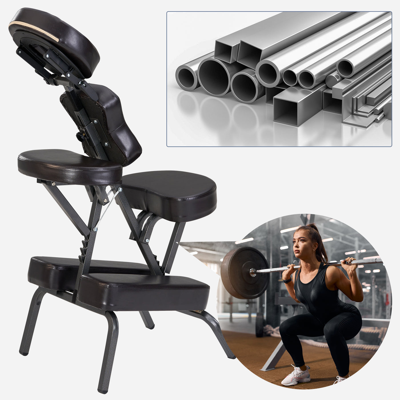 Collage of Master Massage BEDFORD portable chair, metal tubes, and woman lifting barbell in gym.