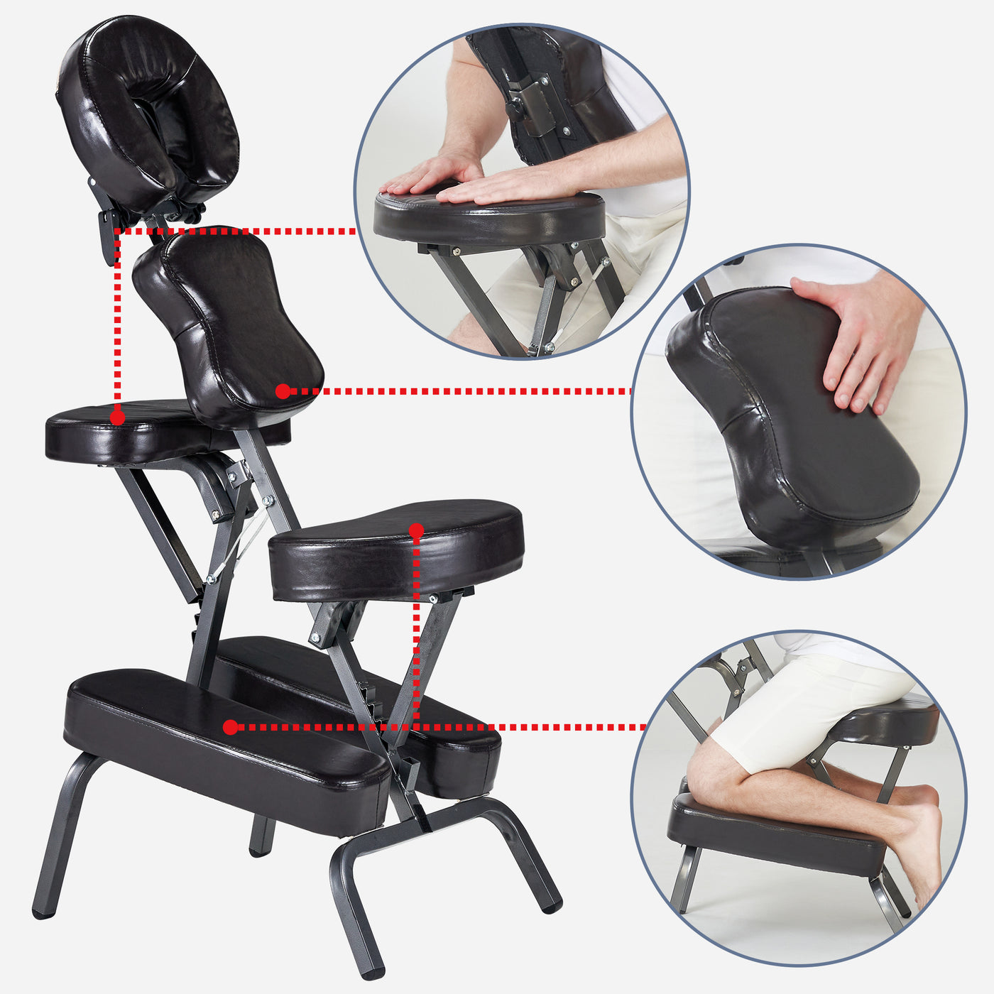 The Master Massage BEDFORD Chair shows close-ups of padded hand and knee placements.