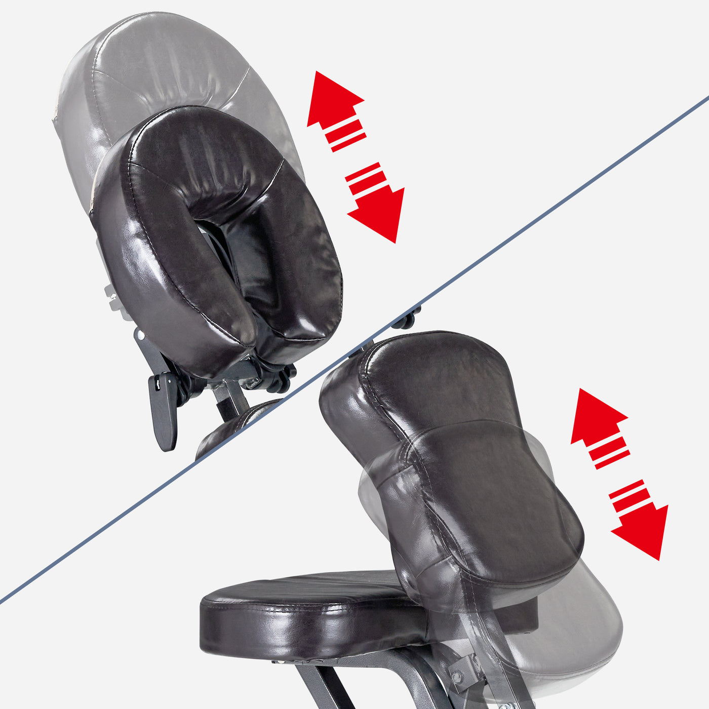 Master Massage BEDFORD portable chair with adjustable headrest and seat; red arrows show movement.