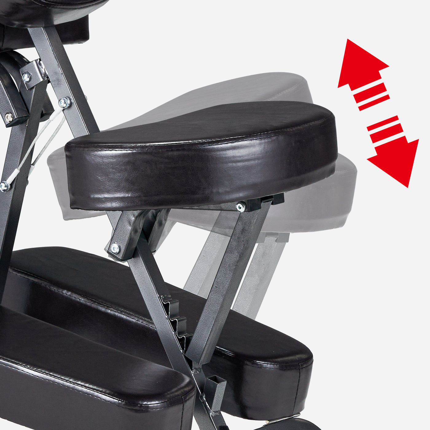 Master Massage BEDFORD Portable Chair’s armrest adjusts up and down, shown by red arrows.