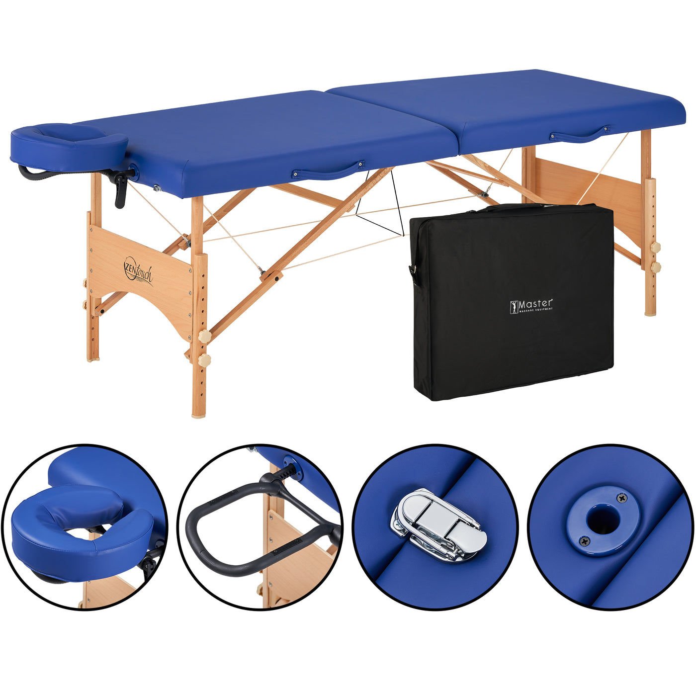 Master Massage BRADY portable table shown with face cradle, wooden legs, and carry case.
