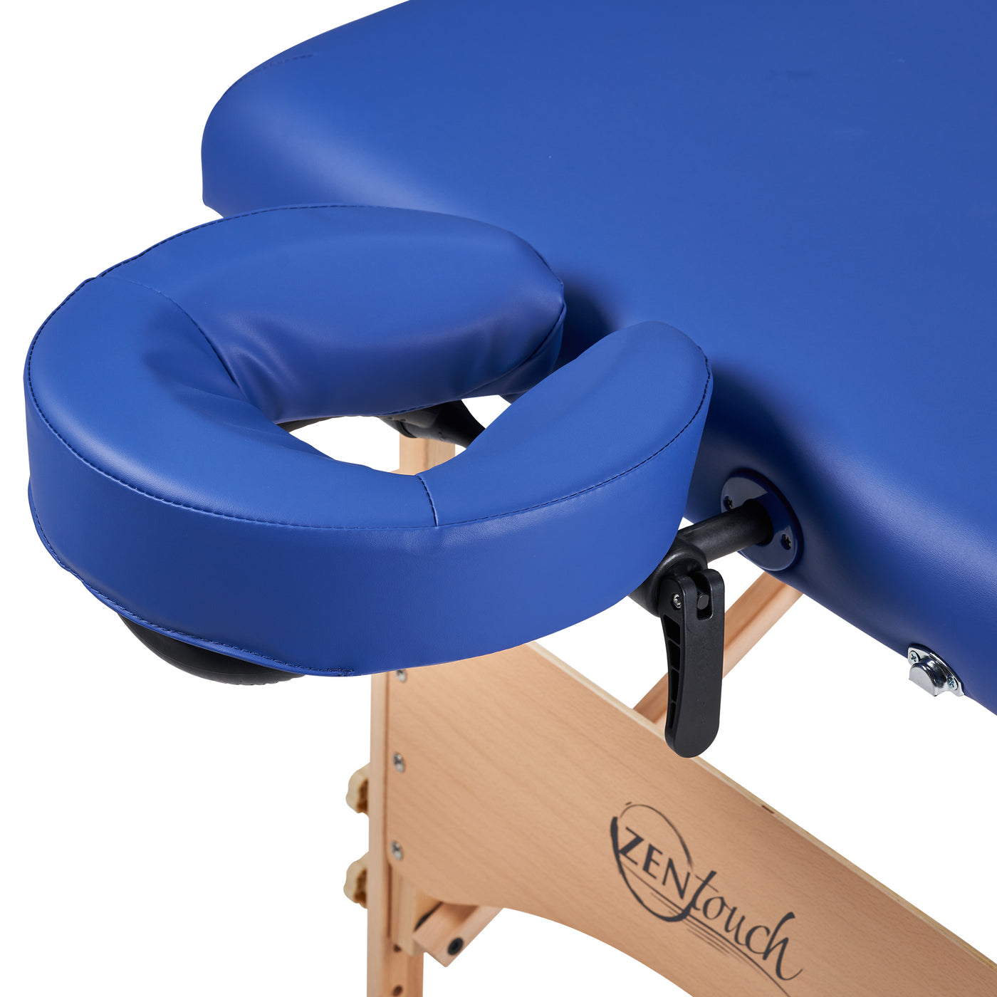 Blue padded adjustable face cradle on a lightweight Master Massage BRADY massage table.