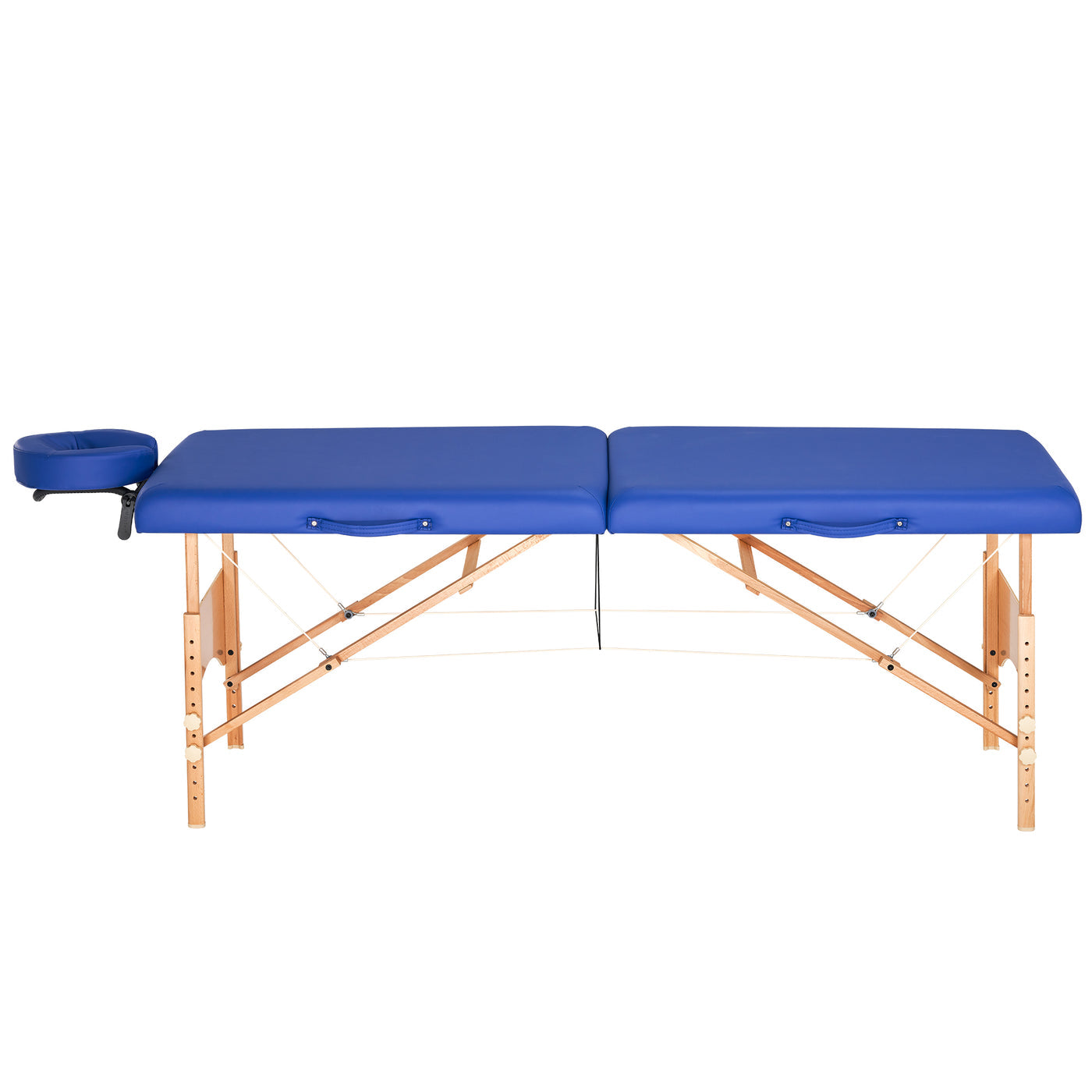 Master Massage BRADY portable table with wood legs and face cradle, side view.