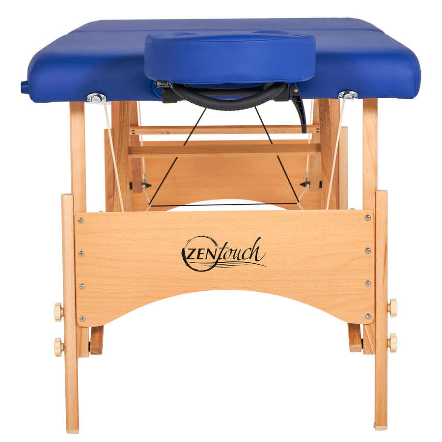 Master Massage BRADY portable table, blue cushion, wood legs, with Zen Touch logo on side.
