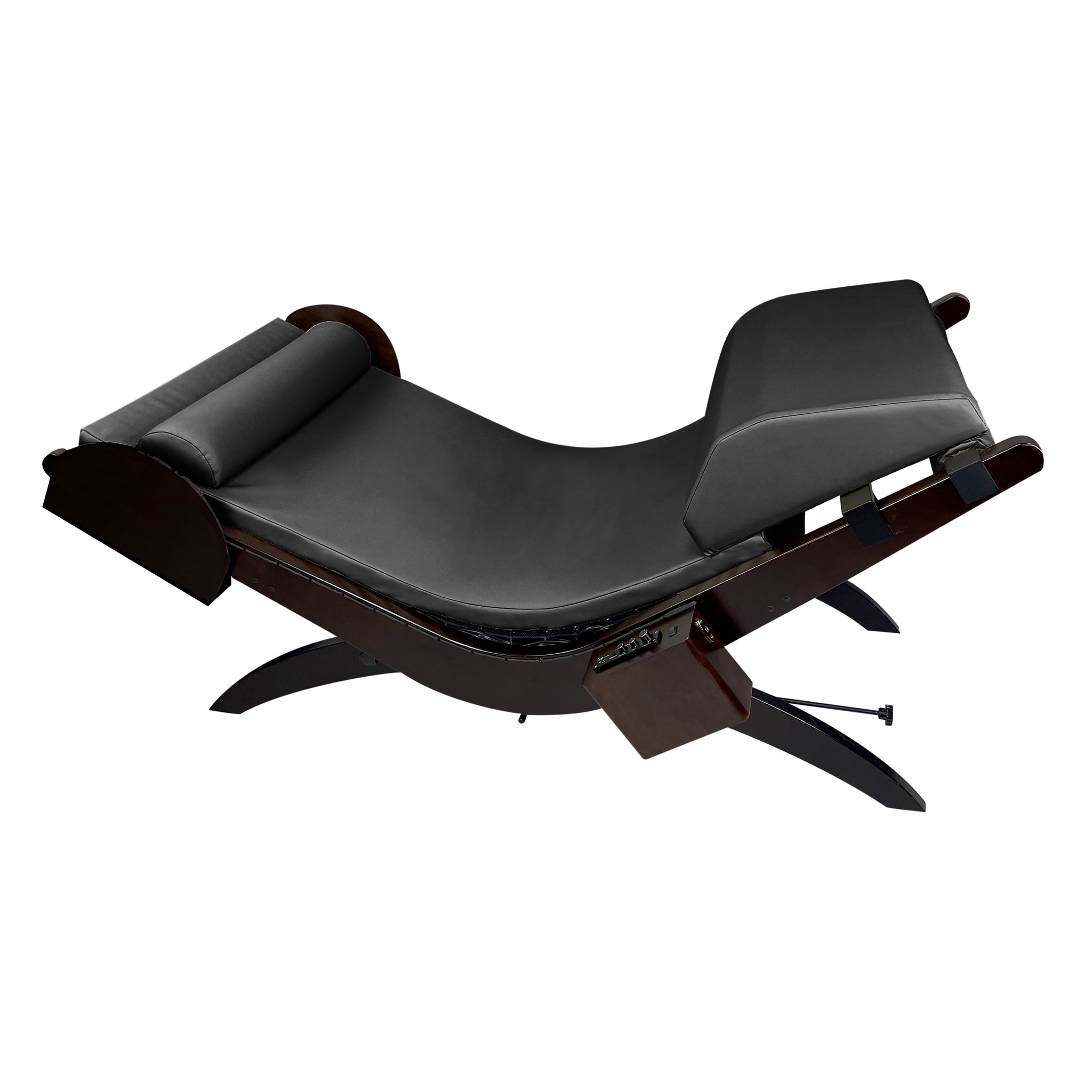 The TouchAmerica Breath Pedi-Lounge features padded cushions and a curved wooden frame in black.