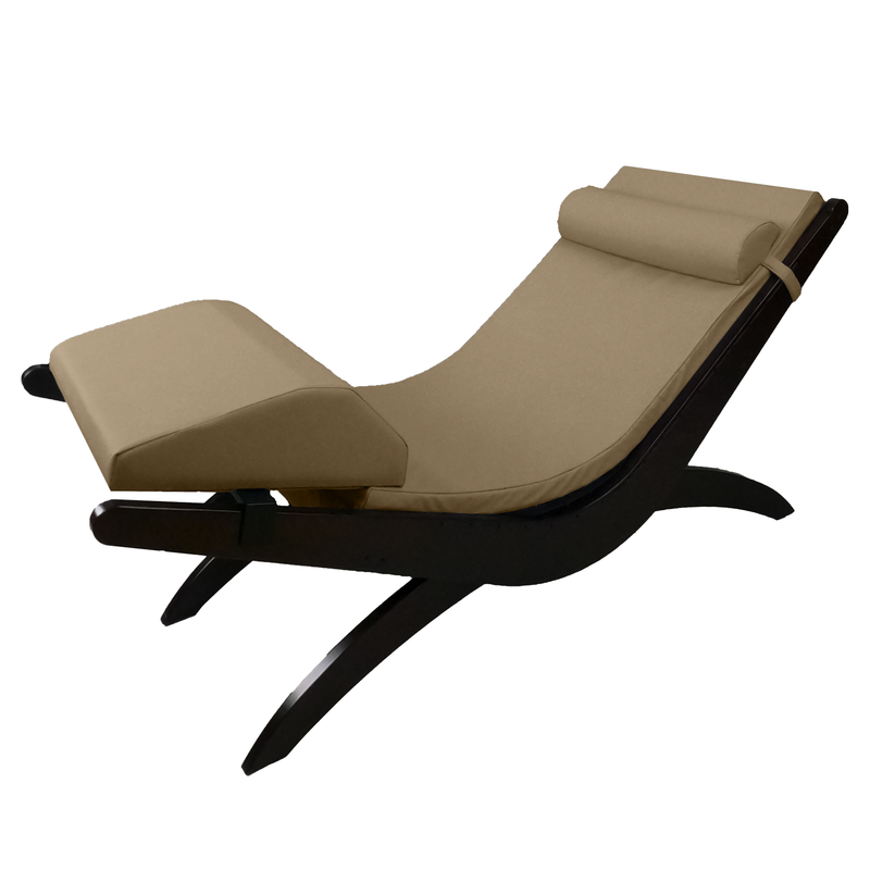 TouchAmerica BREATH Pedi-Lounge: beige cushion, dark wood frame, side view lounge chair.