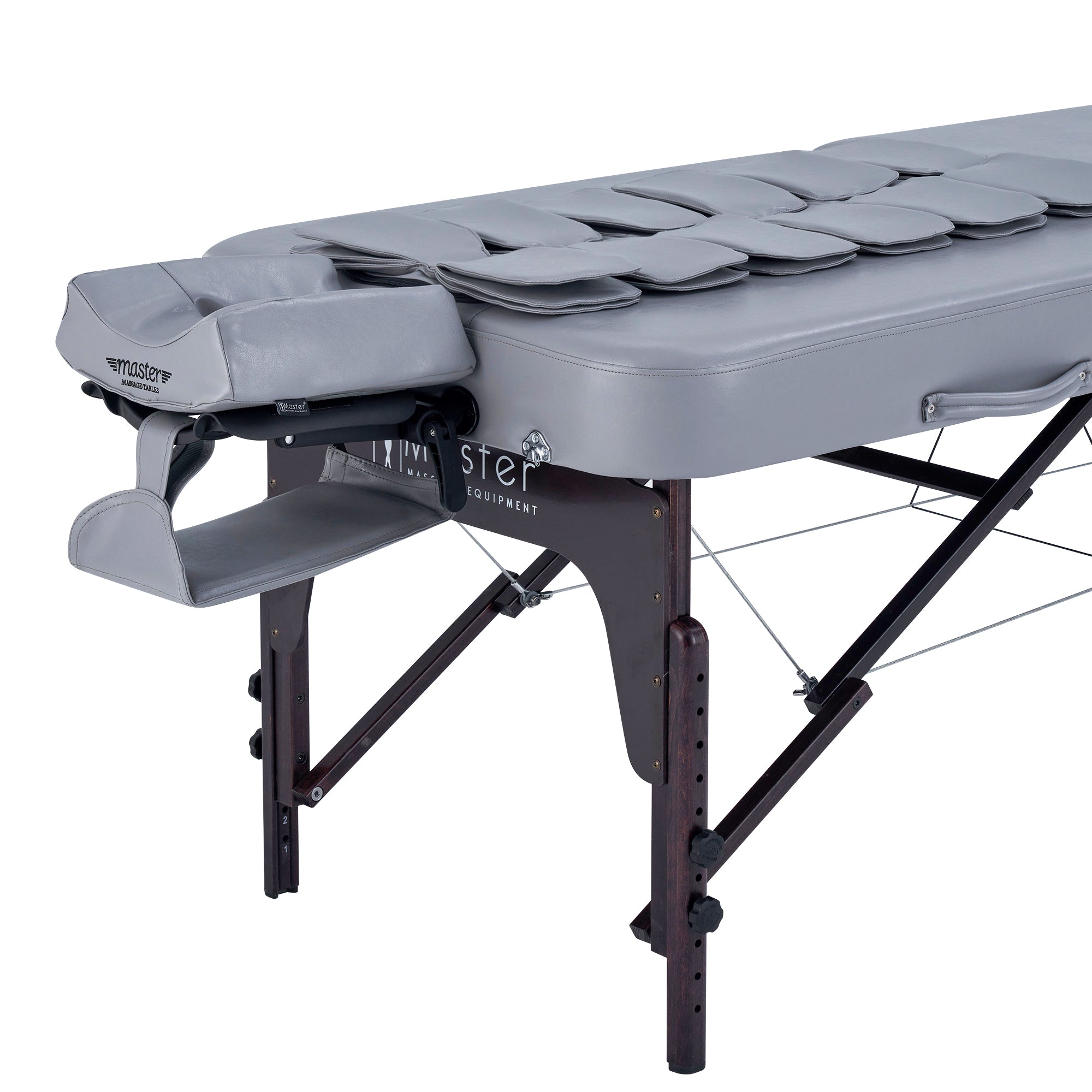 Master Massage BRISTOL Airwave Table with wood legs, full-body stretch, side view shown.