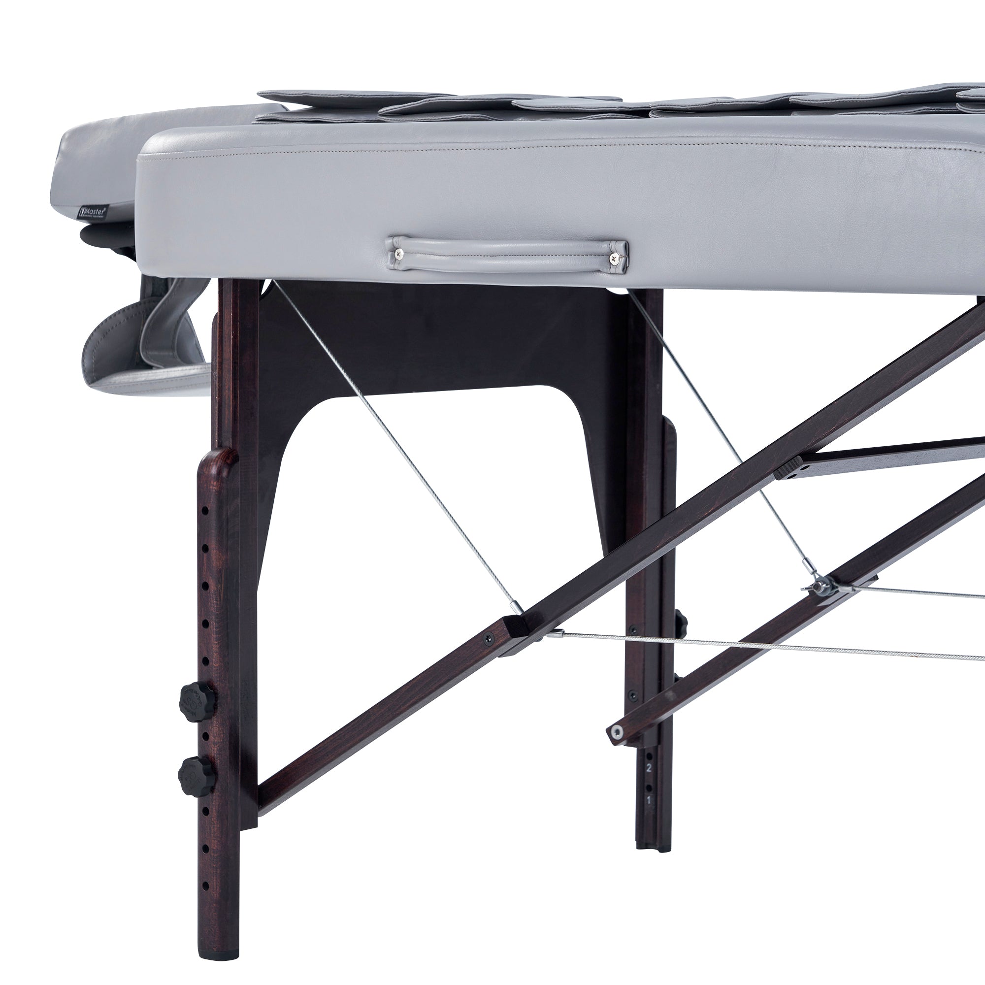 Side view of Master Massage BRISTOL Airwave Table with gray padding and wood legs.