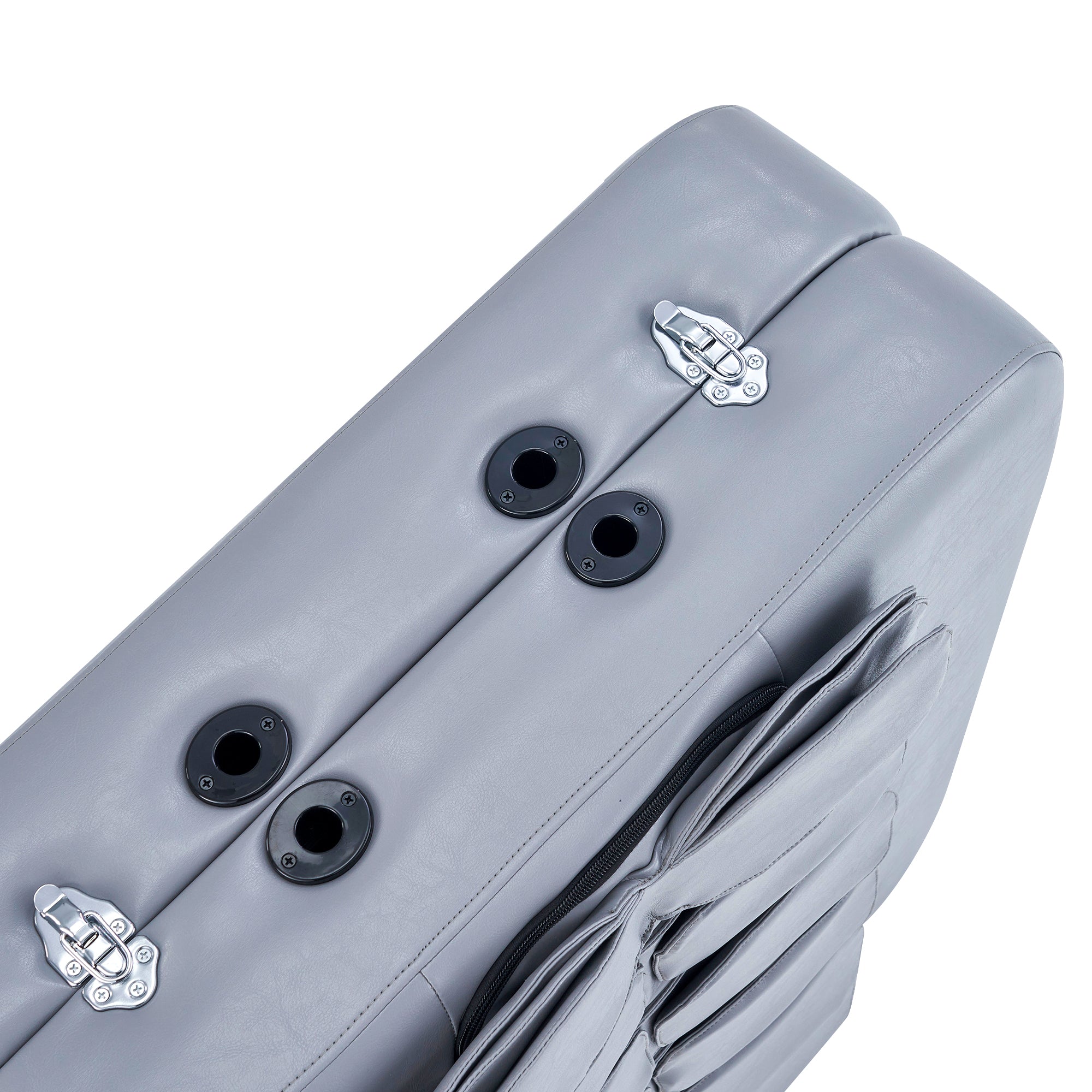 Close-up of a gray Master Massage BRISTOL Airwave massage table with metal latches and black ports.