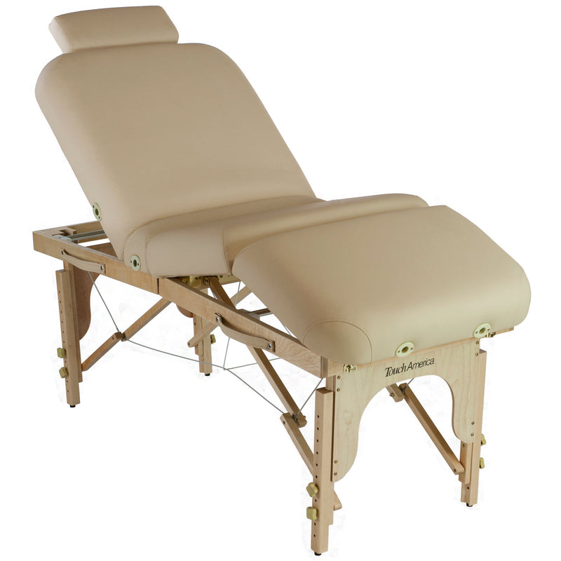 TouchAmerica Portable MULTIPRO Massage Table, beige, wood legs, headrest, adjustable recline.