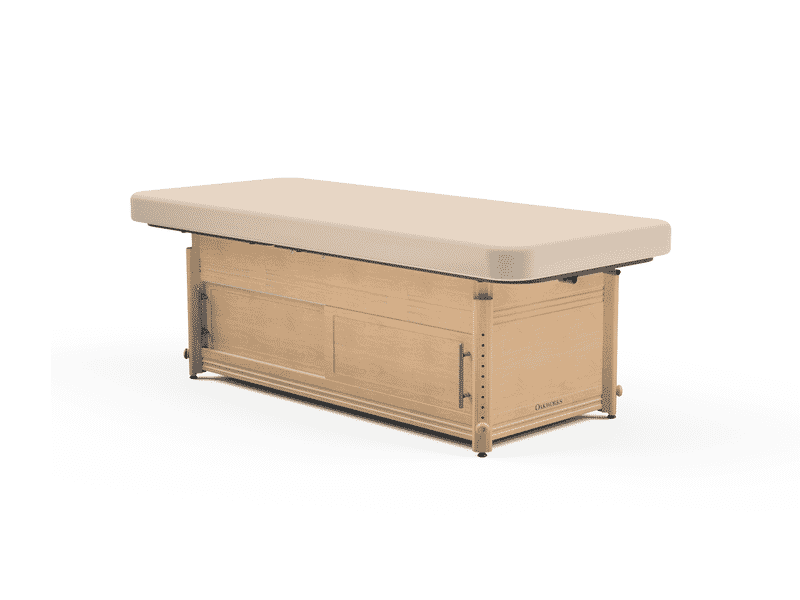 Oakworks CLINICIAN Flat Top Table: adjustable, padded beige top, storage compartments.