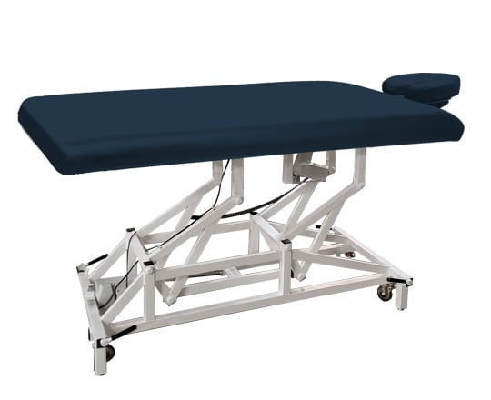 Peacock massage table with white metal frame on a white background