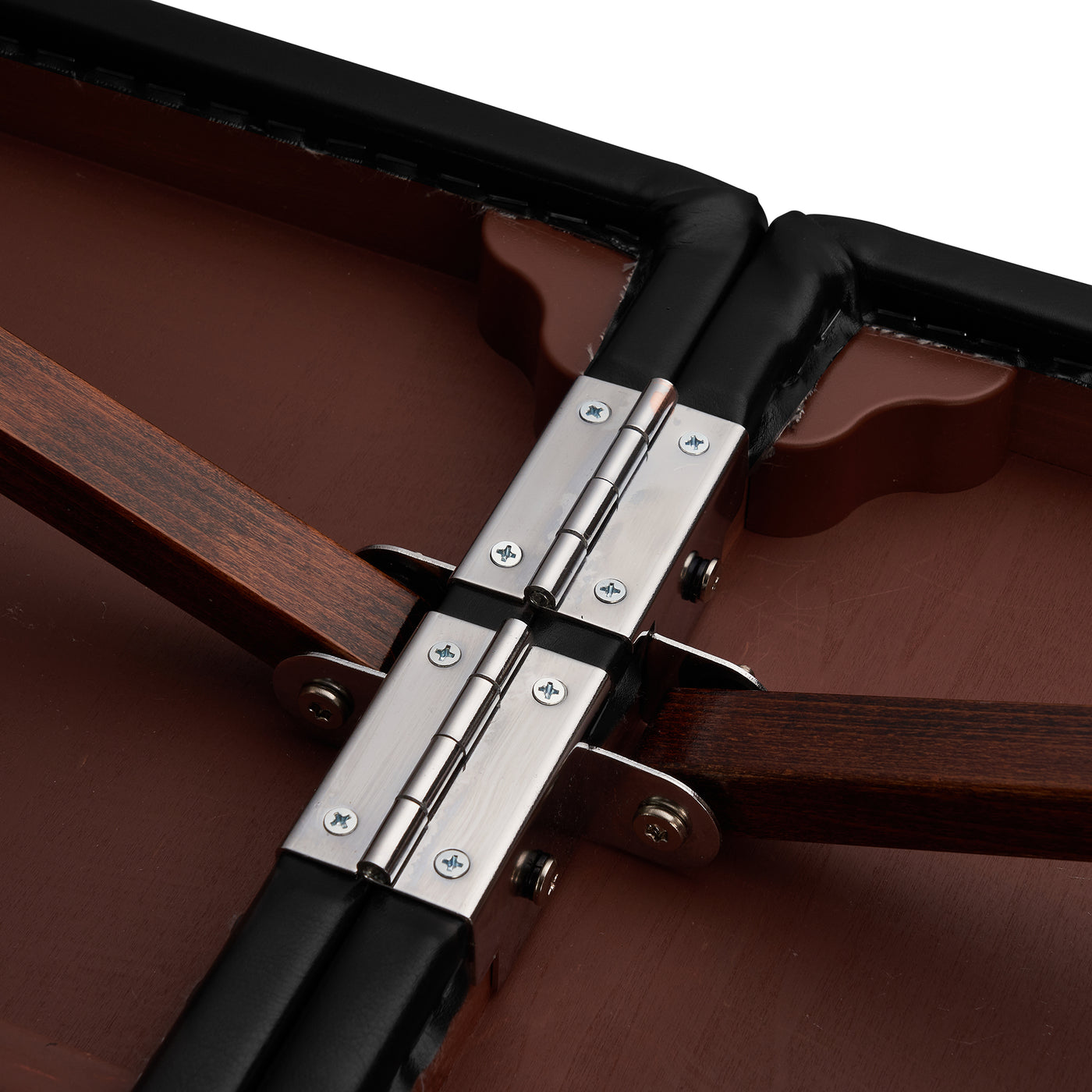 Close-up of metal hinges on the Master Massage Canoga Low Height Super Wide Massage Table.