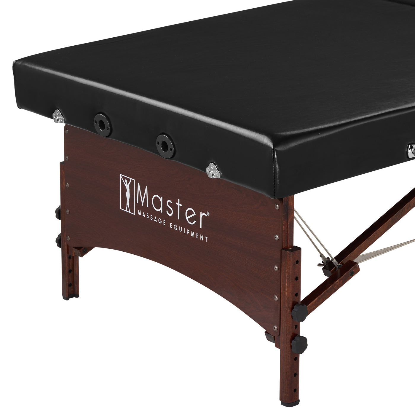 Master Massage Canoga Low Height super wide table with black memory foam and dark wood frame.