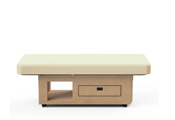 Oakworks Prema E-nvi Flat Top electric spa table with storage drawer, customizable massage table.
