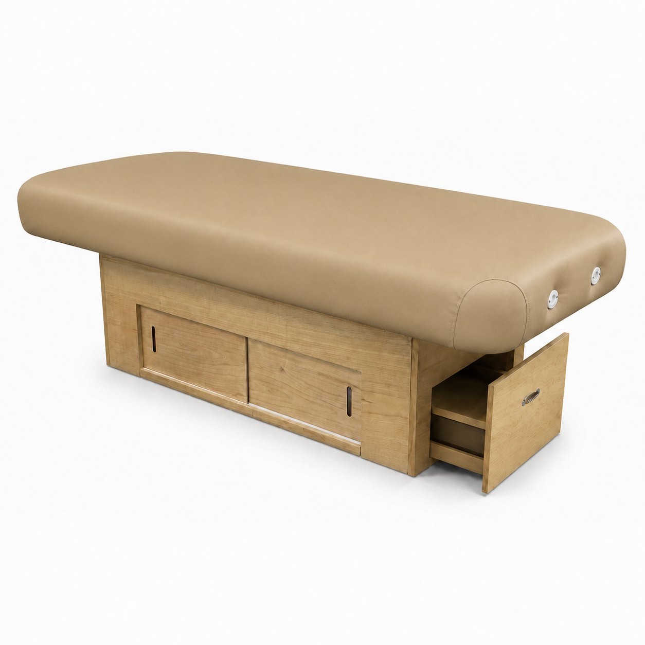Camel massage table with clear natural base and drawers on a white background