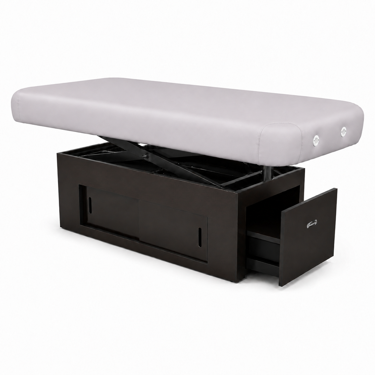 Slate cushioned massage table with open wenge storage drawer on a white background