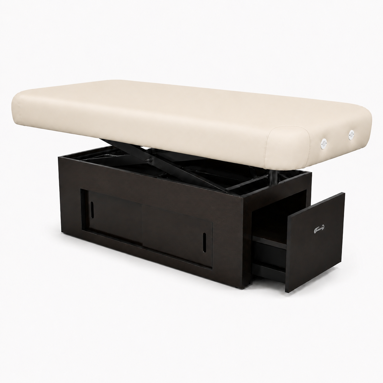 Almond cushioned massage table  with wenge storage drawer on a white background