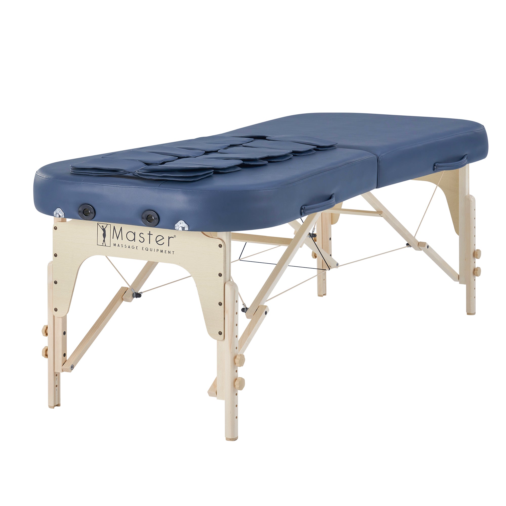 Master Massage CONCORD Airwave portable table with blue cushion and light wood frame.