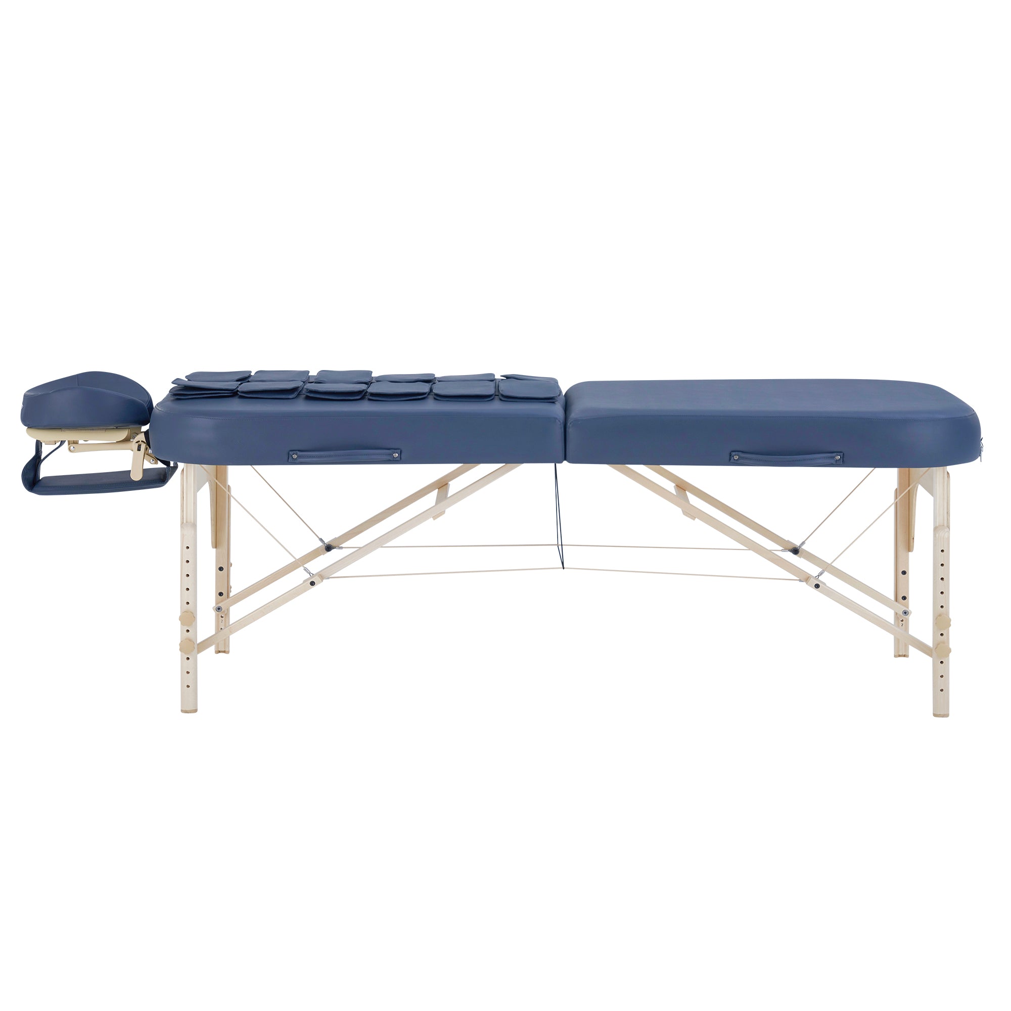 Master Massage CONCORD Airwave portable table with adjustable headrest, wooden legs, side view.