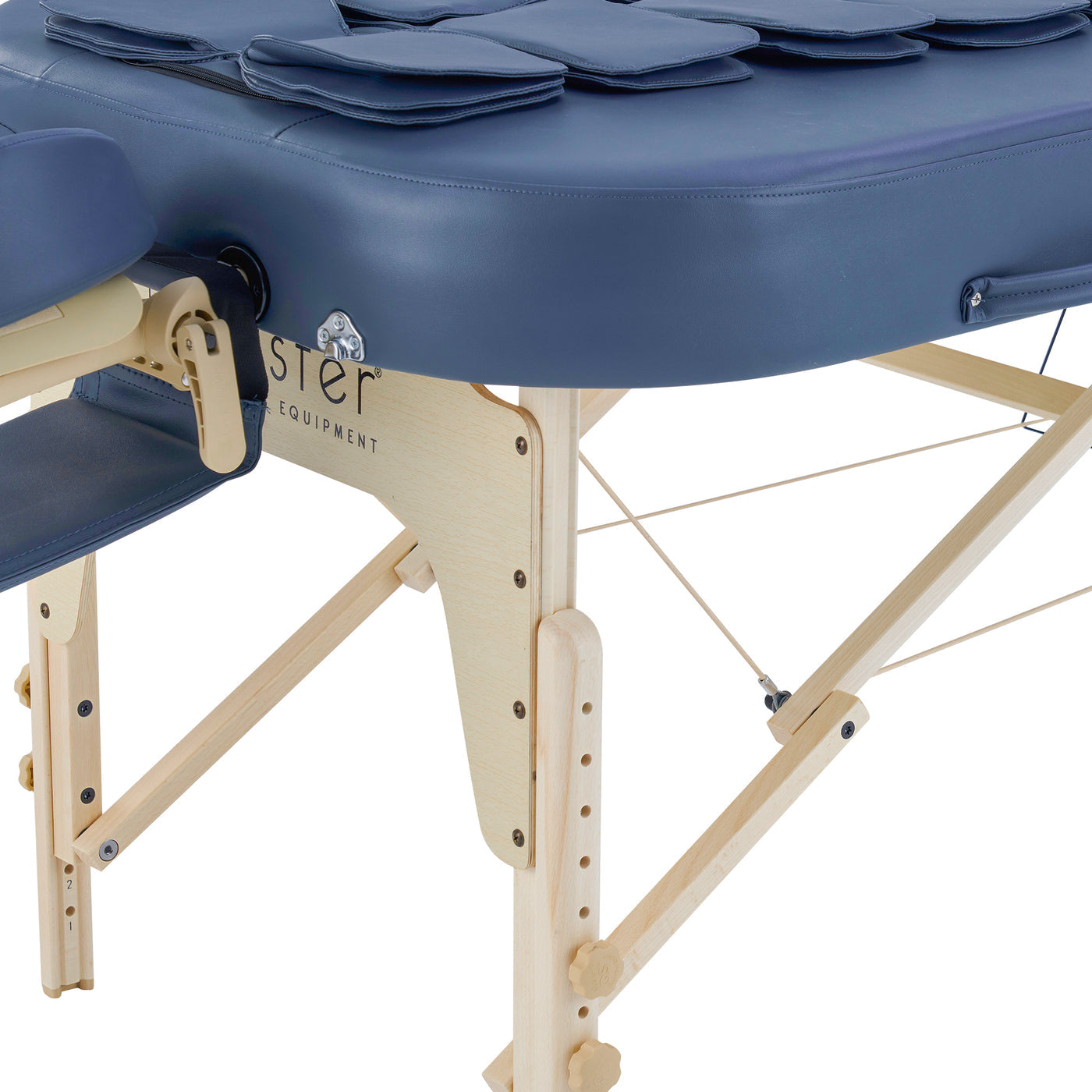 Close-up of Master Massage CONCORD Airwave blue portable table with wood frame and headrest.
