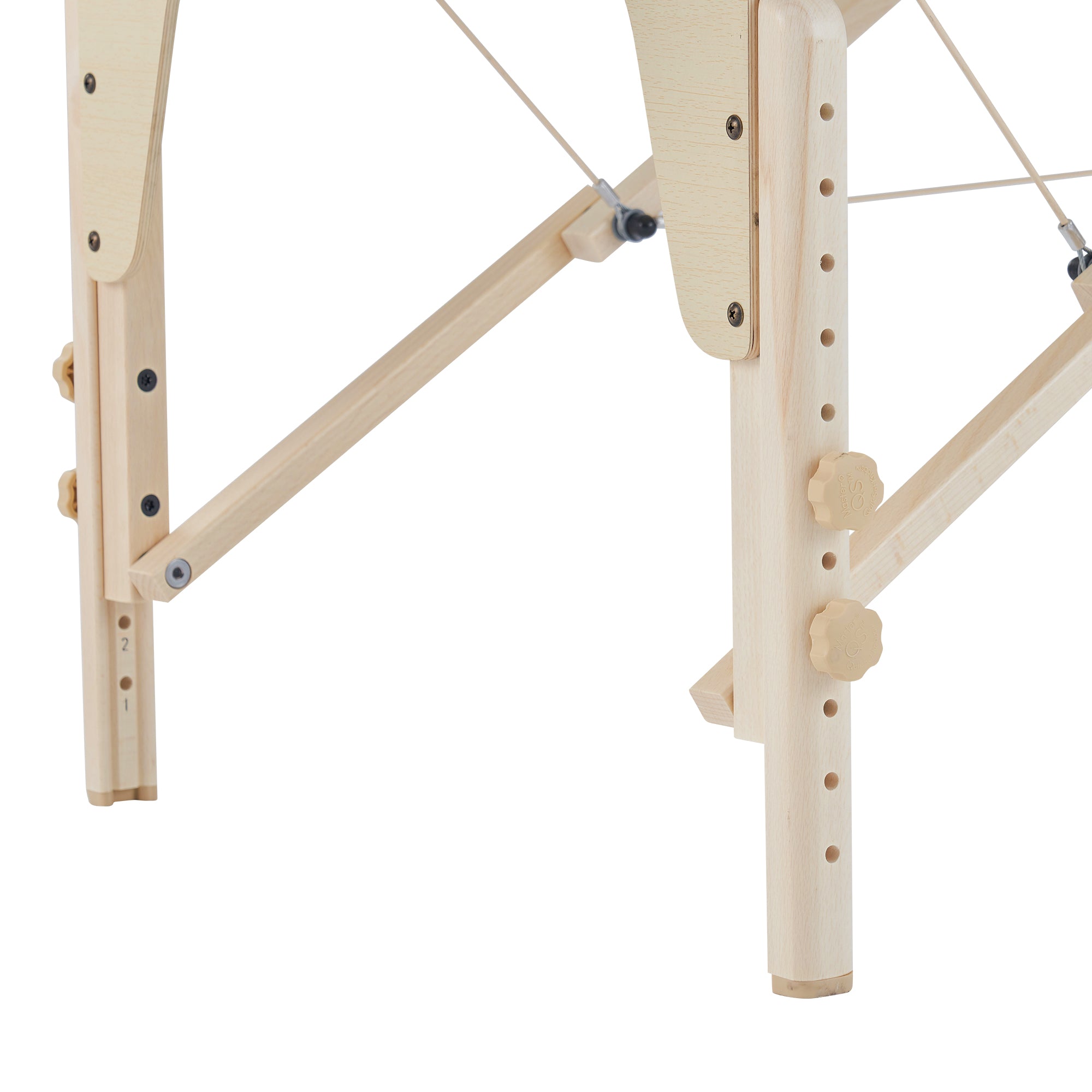 Close-up of Master Massage CONCORD Airwave portable table's adjustable wooden frame with knobs.