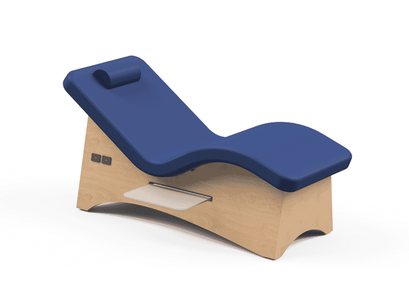 Oakworks CURVA Lounger with blue AeroCel padding and attached cushioned headrest.