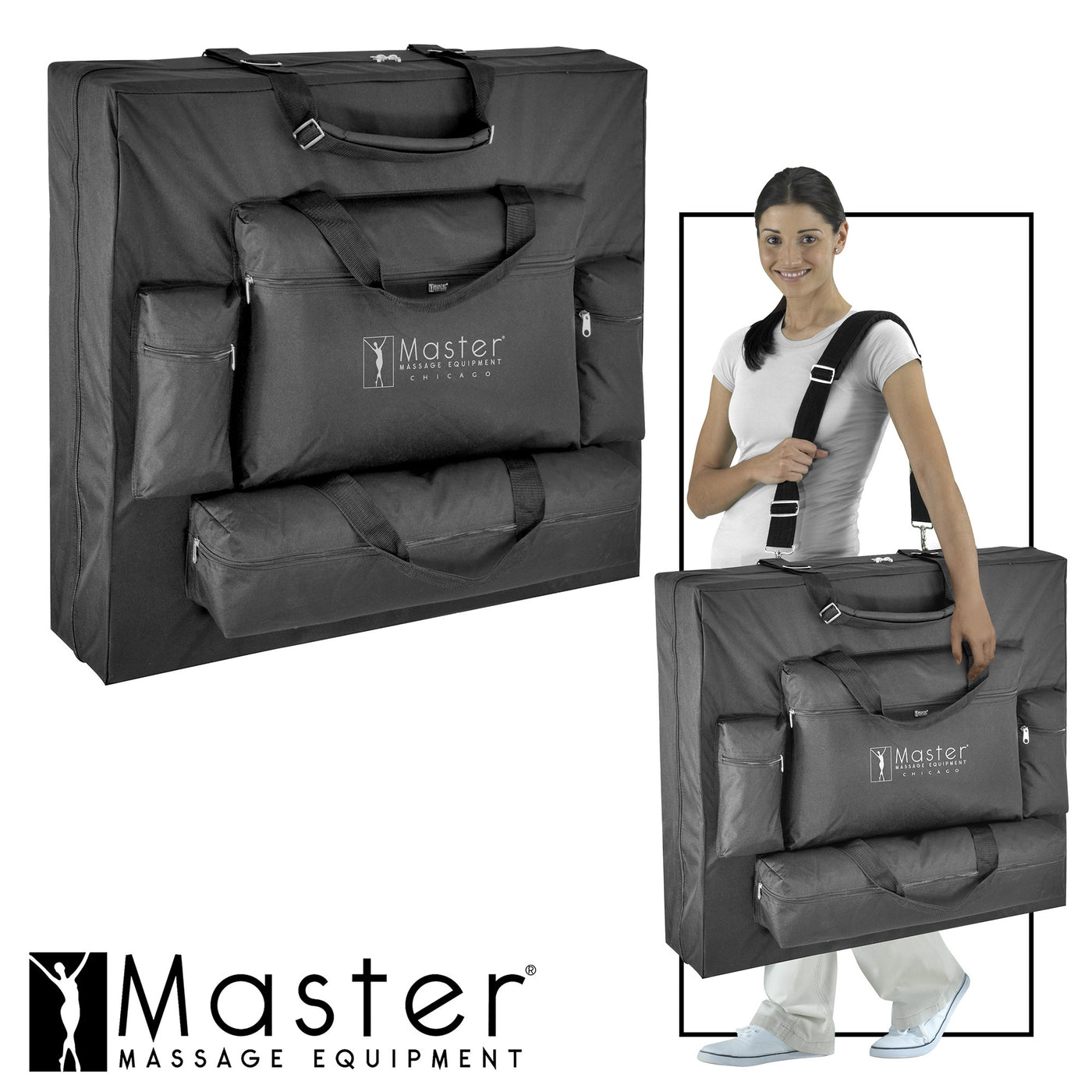 A woman carries a Master Massage DEL RAY SALON Therma Top portable table package bag.