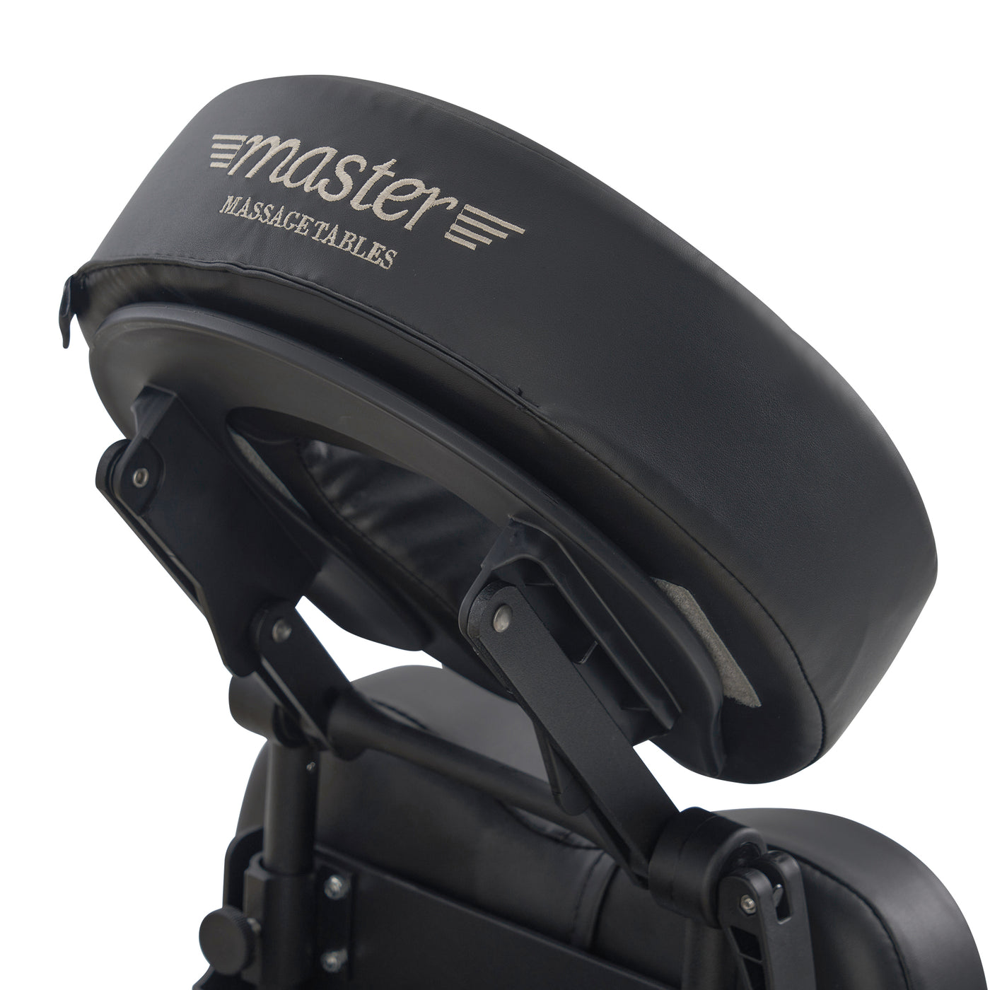 Black massage table headrest with 'master massage tables' branding on a white background