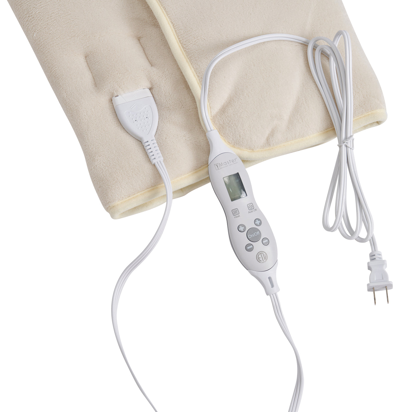 Electric heating pad with digital controller on a white background