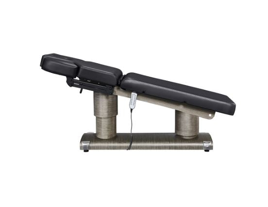DIR Luxi 4 Motors Medical Spa Table, black with metal base & remote, side view.