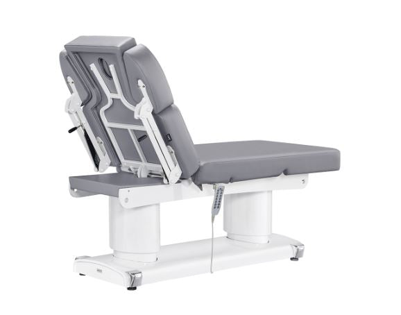 DIR Luxi 4 Motors Medical Spa Treatment Table, gray padding, white base, rear view.