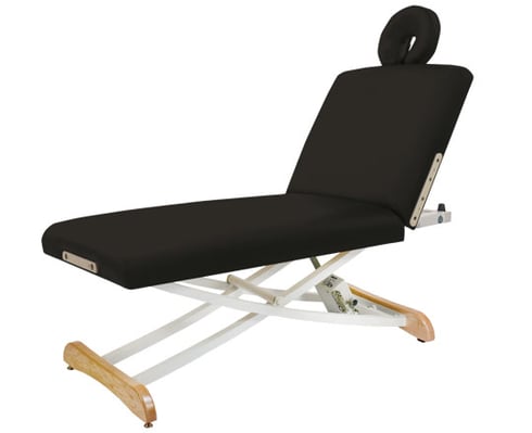 Black Elegance Lift Back massage table with wooden legs on a white background