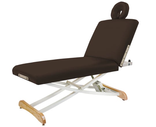 Chocolate Elegance Lift Back massage table with wooden legs on a white background