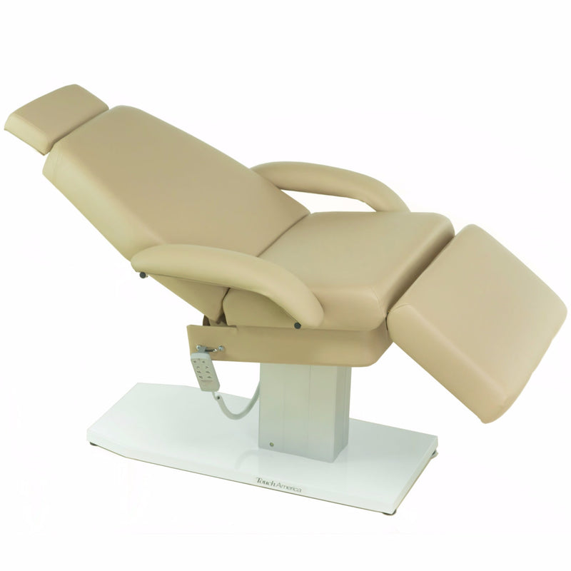 TouchAmerica EMPRESS Spa Treatment Chair: beige, armrests, electronic control, white base.