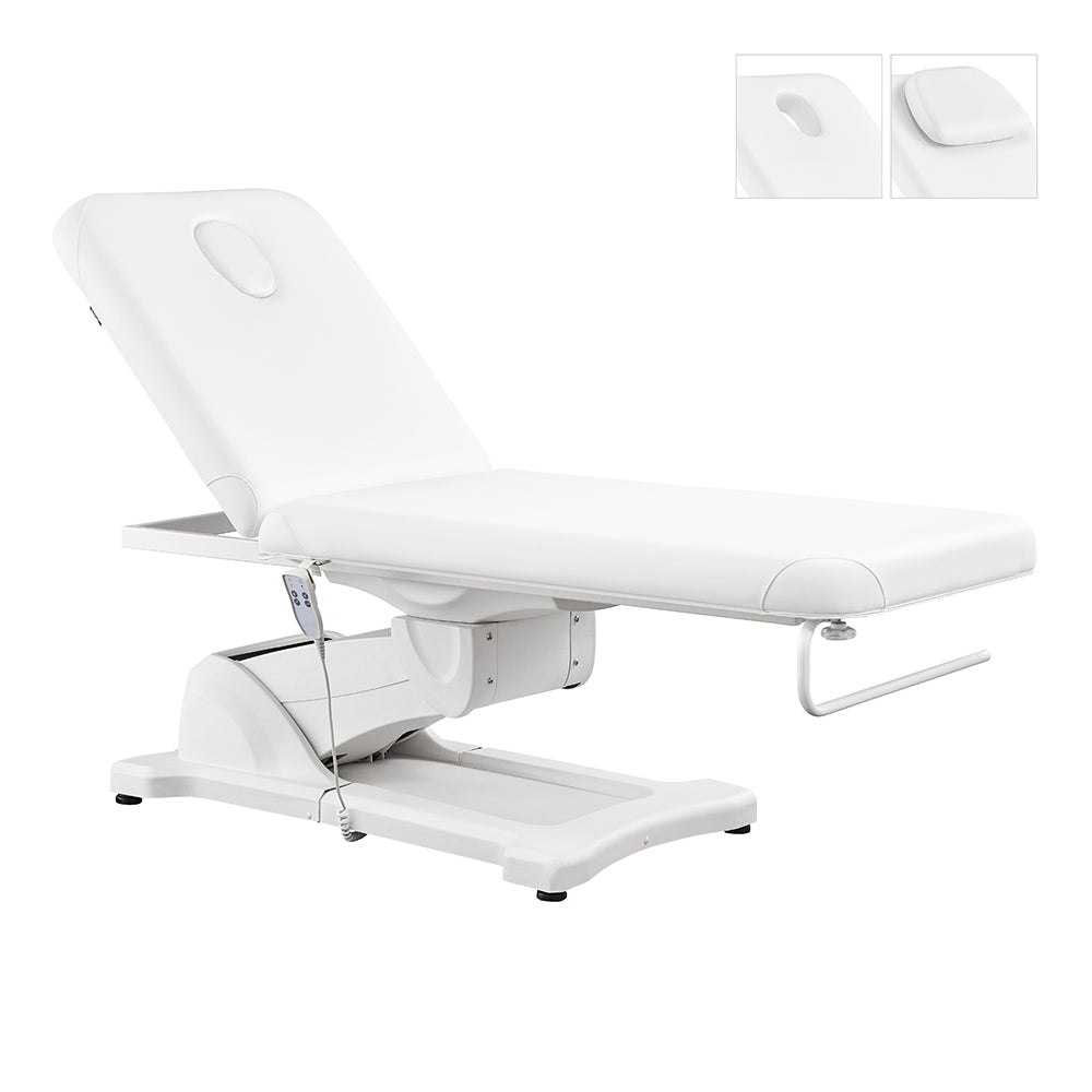 Serenity Electric Treatment Table DIR by DIR, white, with headrest and remote, side view.
