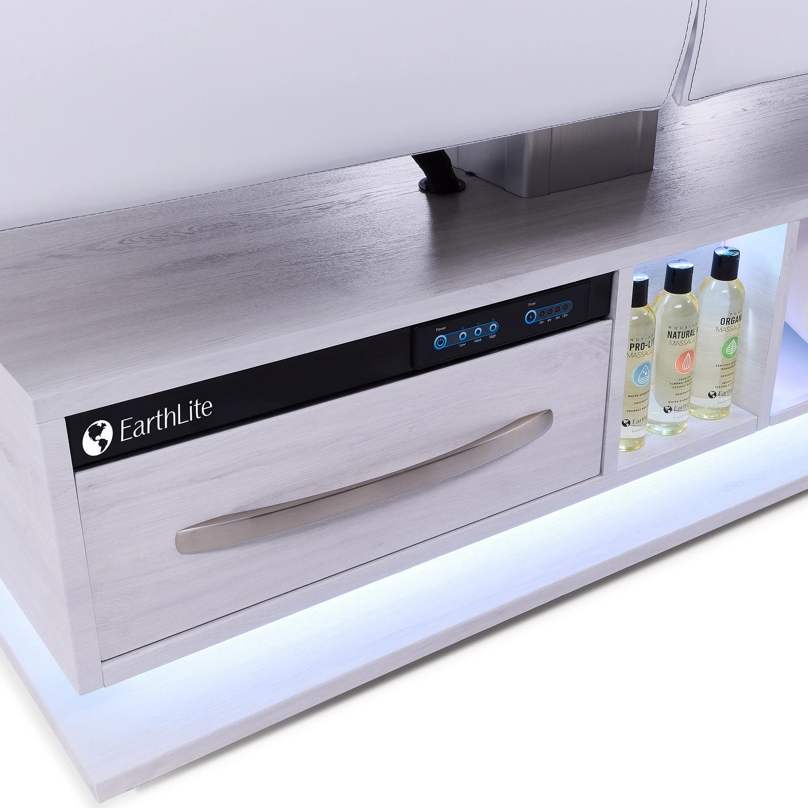 EarthLite EVEREST ECLIPSE 2.0 Flat Table with cabinet, drawer, and control panel below.