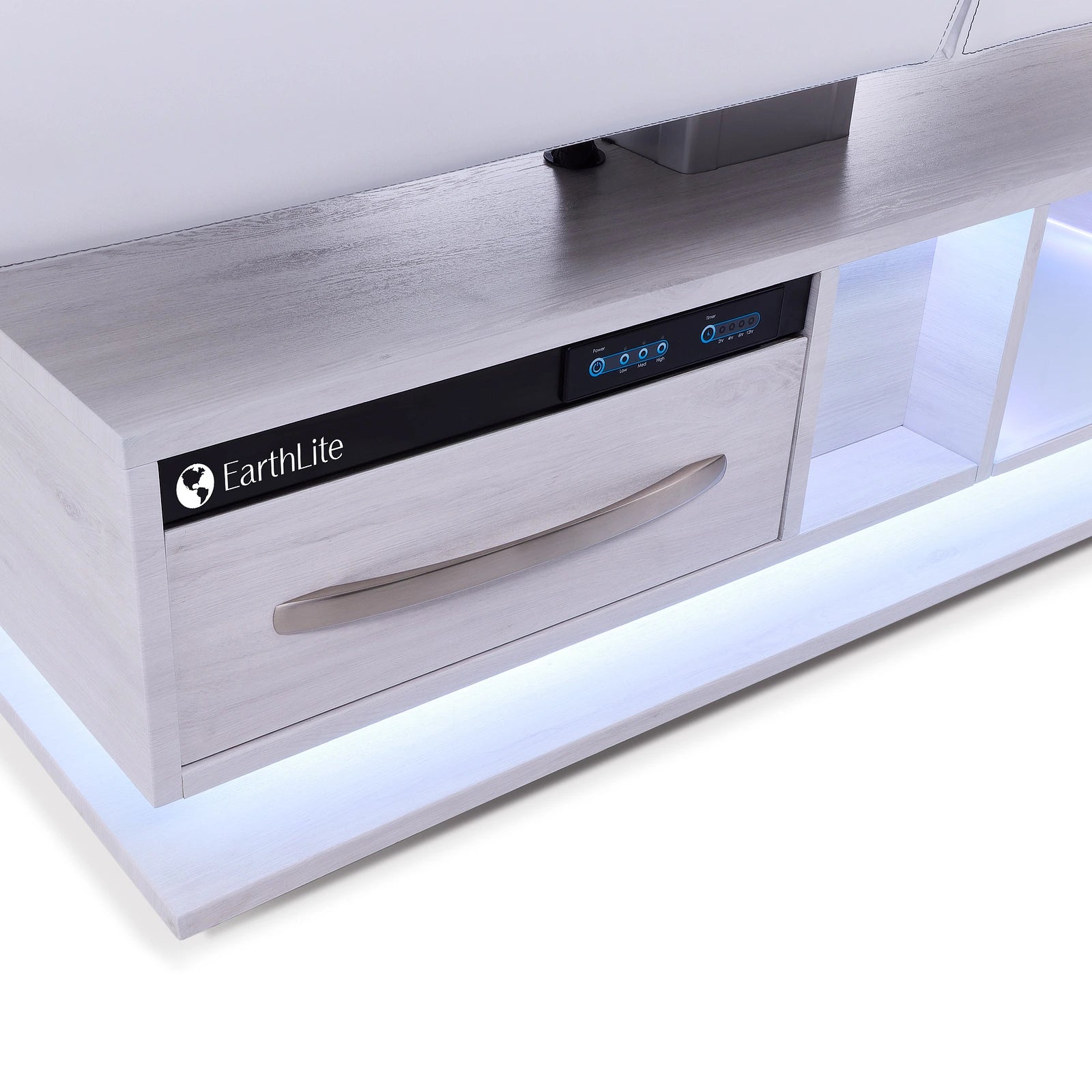 White TV stand with blue LED, inspired by EarthLite Everest Eclipse 2.0 massage table design.