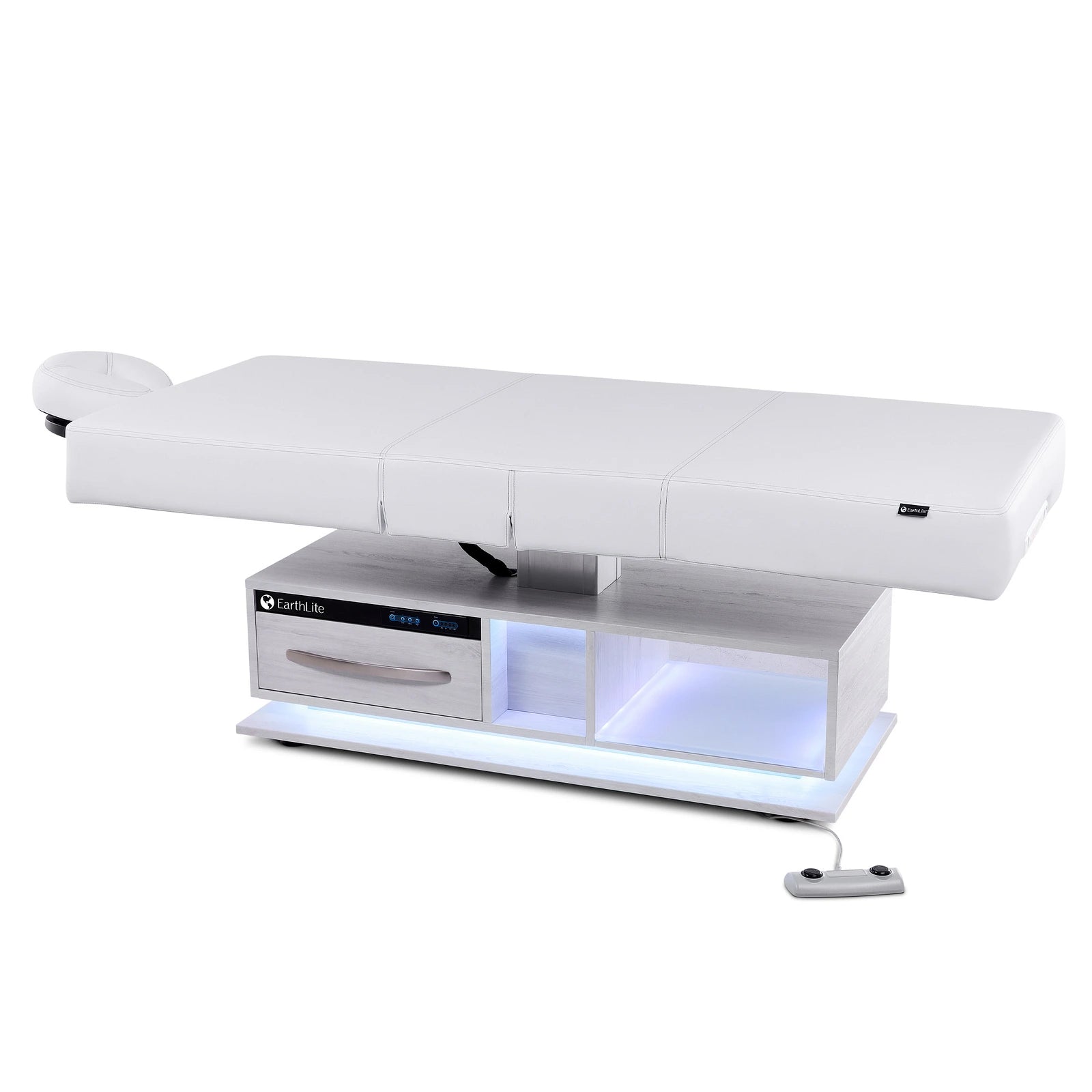EarthLite Everest Eclipse 2.0 salon massage table with adjustable height, shelves, and remote.