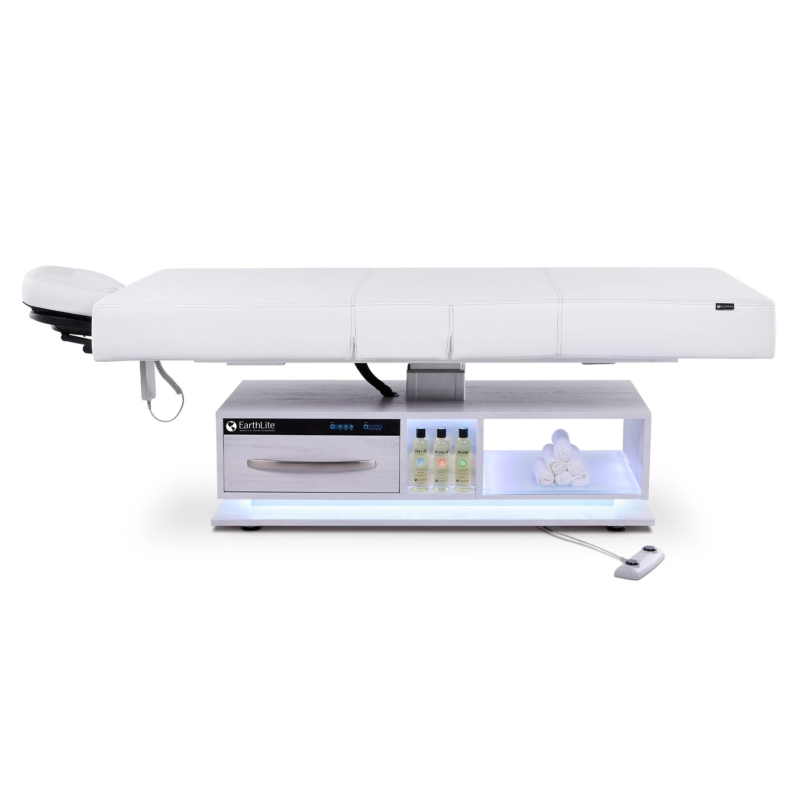 Earthlite EVEREST ECLIPSE 2.0 massage table with headrest, shelves, and built-in LED lighting.