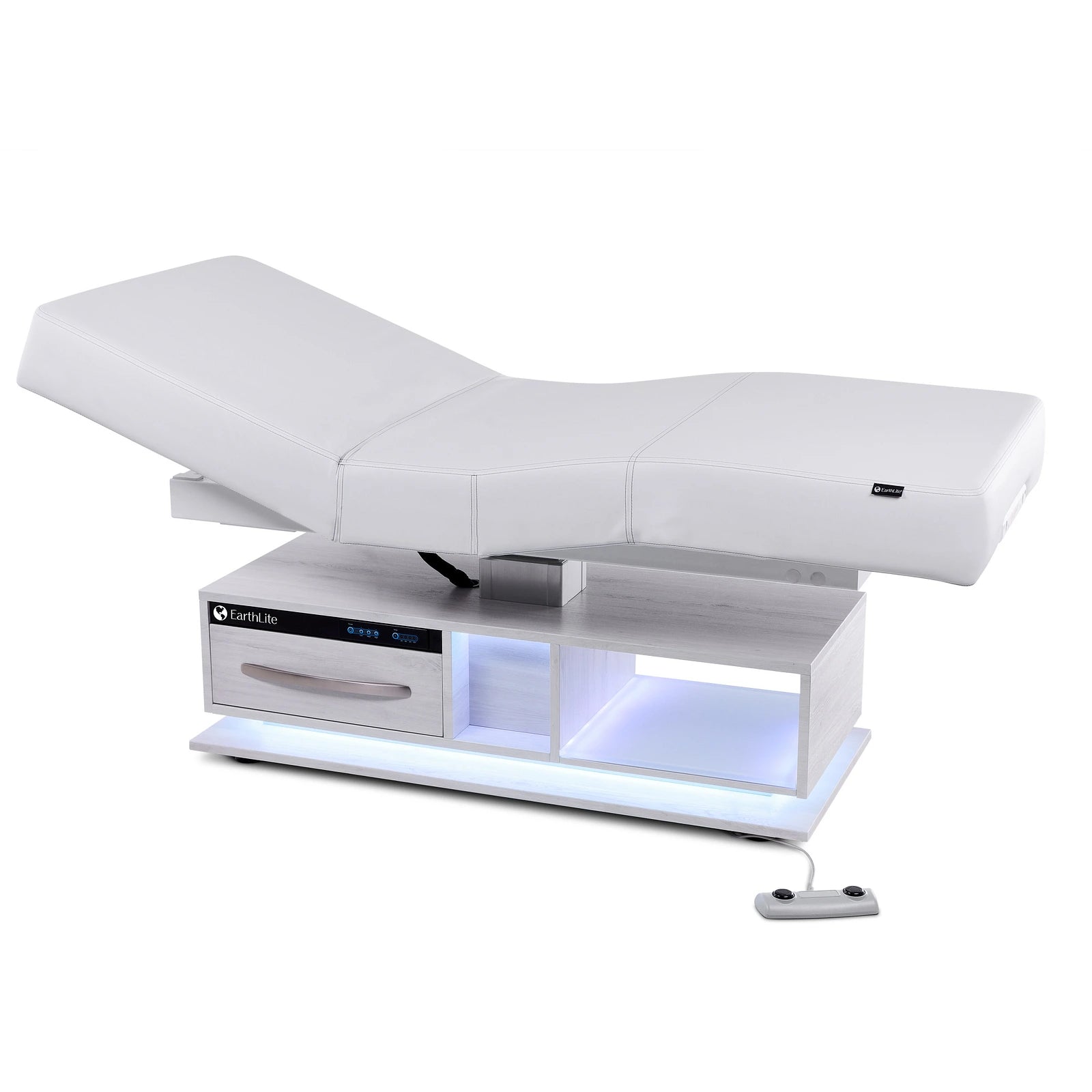 EarthLite EVEREST ECLIPSE 2.0 massage table with drawers and floor remote control.