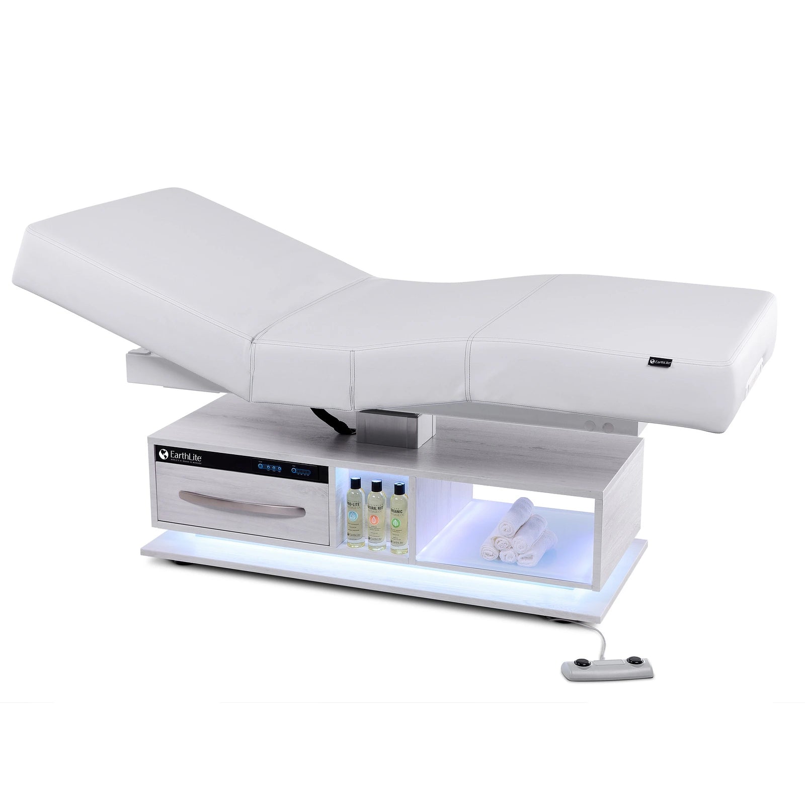 EarthLite EVEREST ECLIPSE 2.0 Massage Table with shelves, remote, and white upholstery.