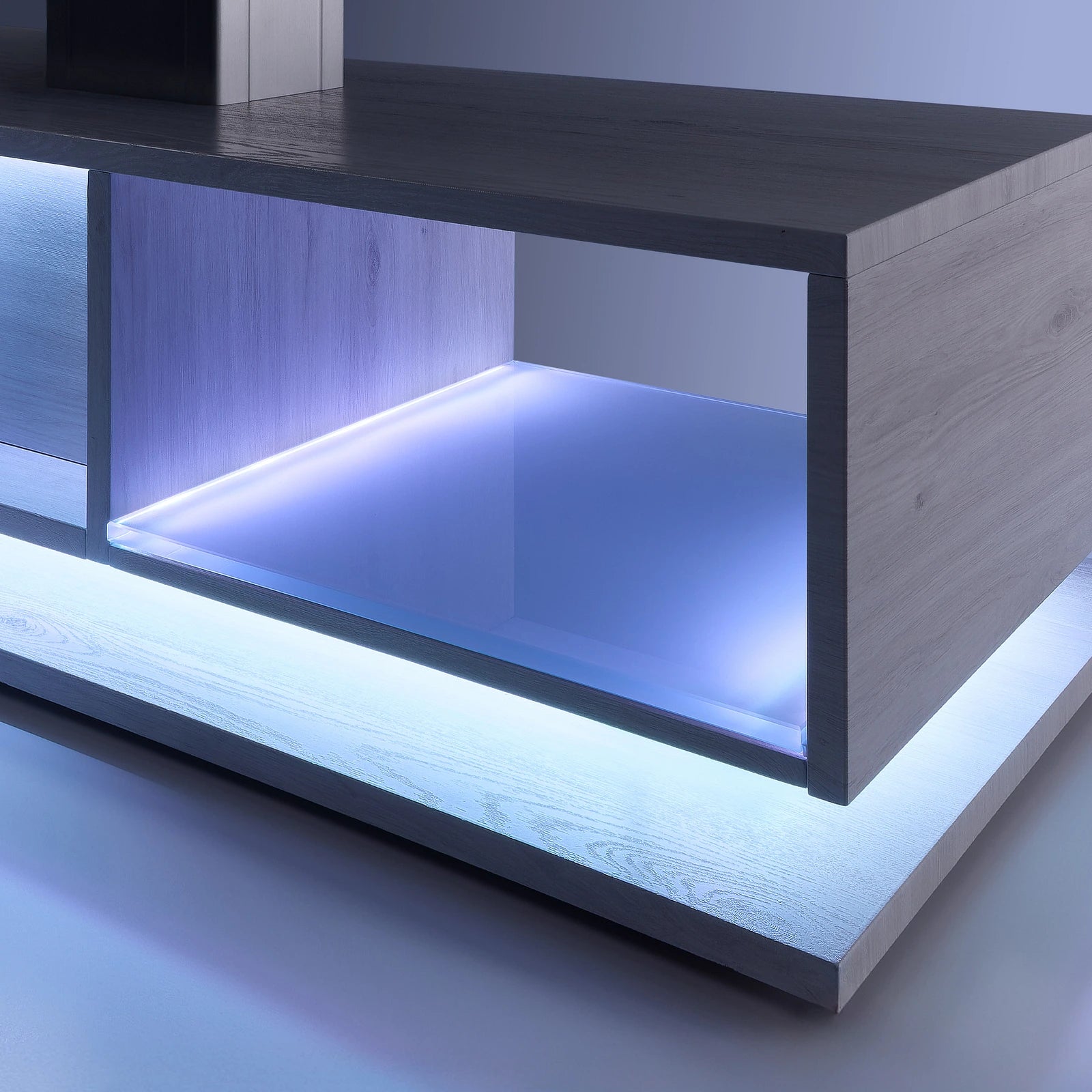 Modern wooden shelf with blue LED, inspired by EarthLite EVEREST ECLIPSE 2.0 Massage Table.