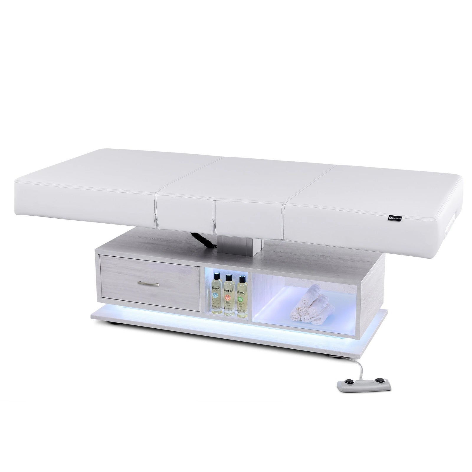 EarthLite EVEREST ECLIPSE 2.0 table: storage, drawers, LED, remote—ideal for spas.