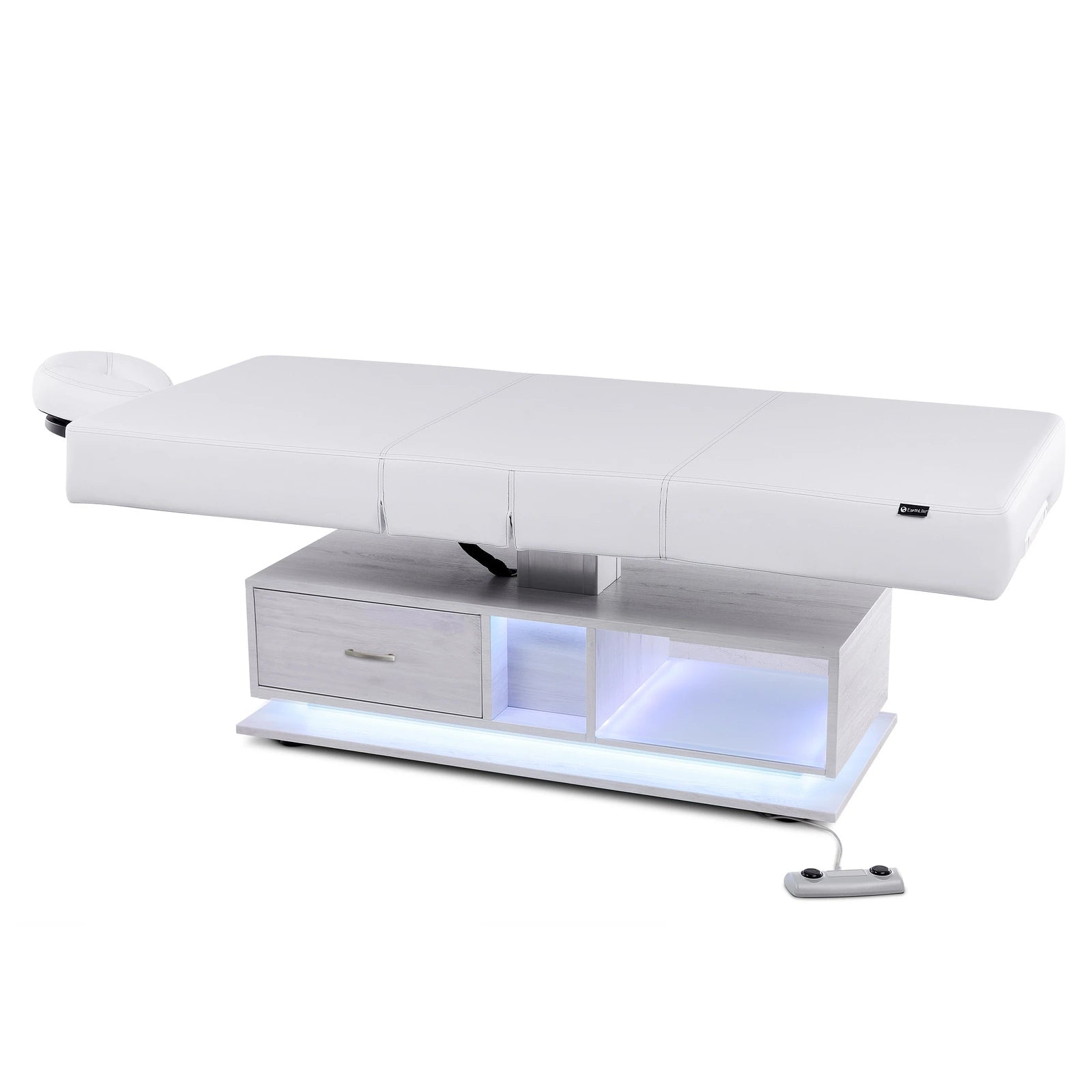 EarthLite EVEREST ECLIPSE 2.0 massage table with storage, LED lighting, and remote control.