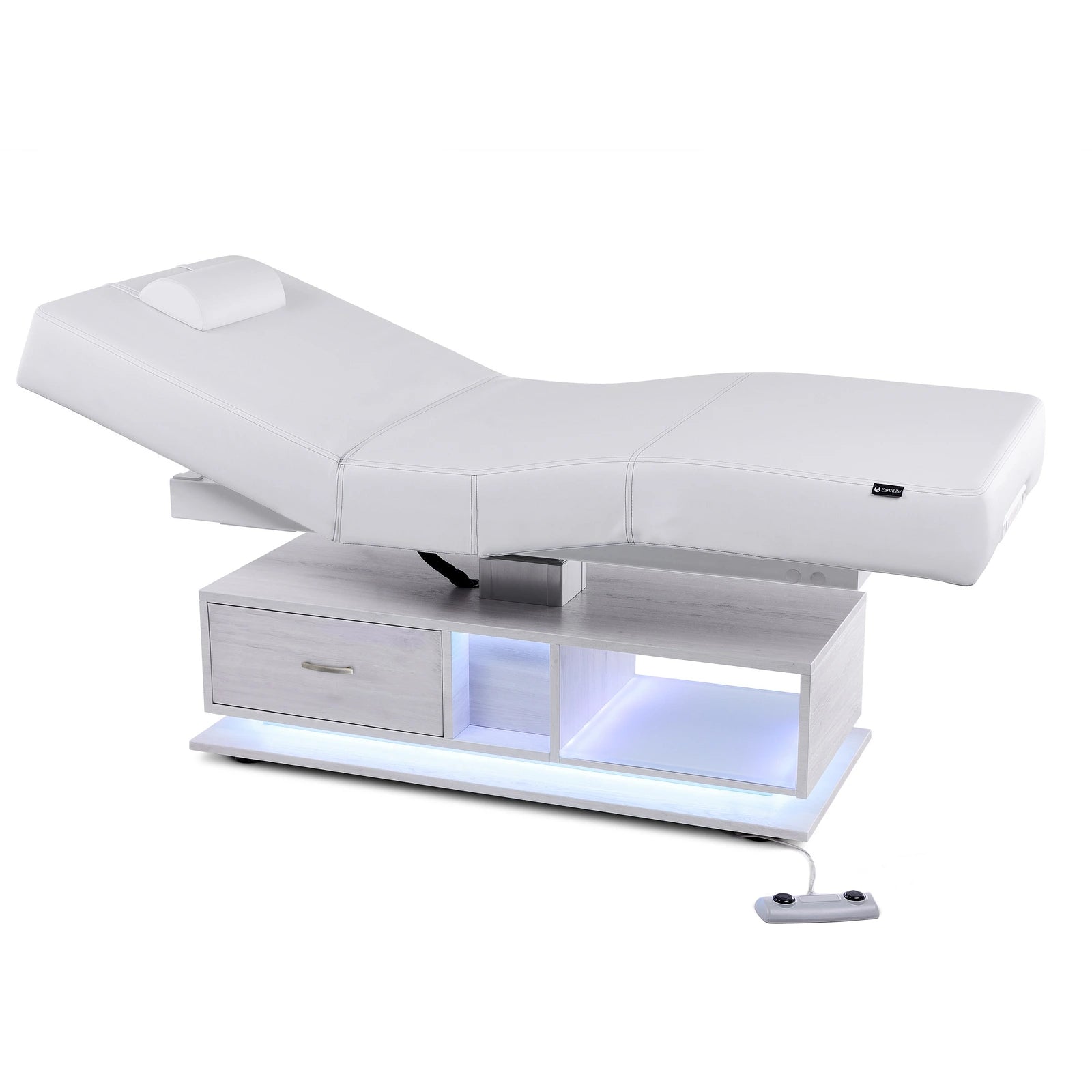 EarthLite EVEREST ECLIPSE 2.0 salon massage table with shelves and floor remote control.