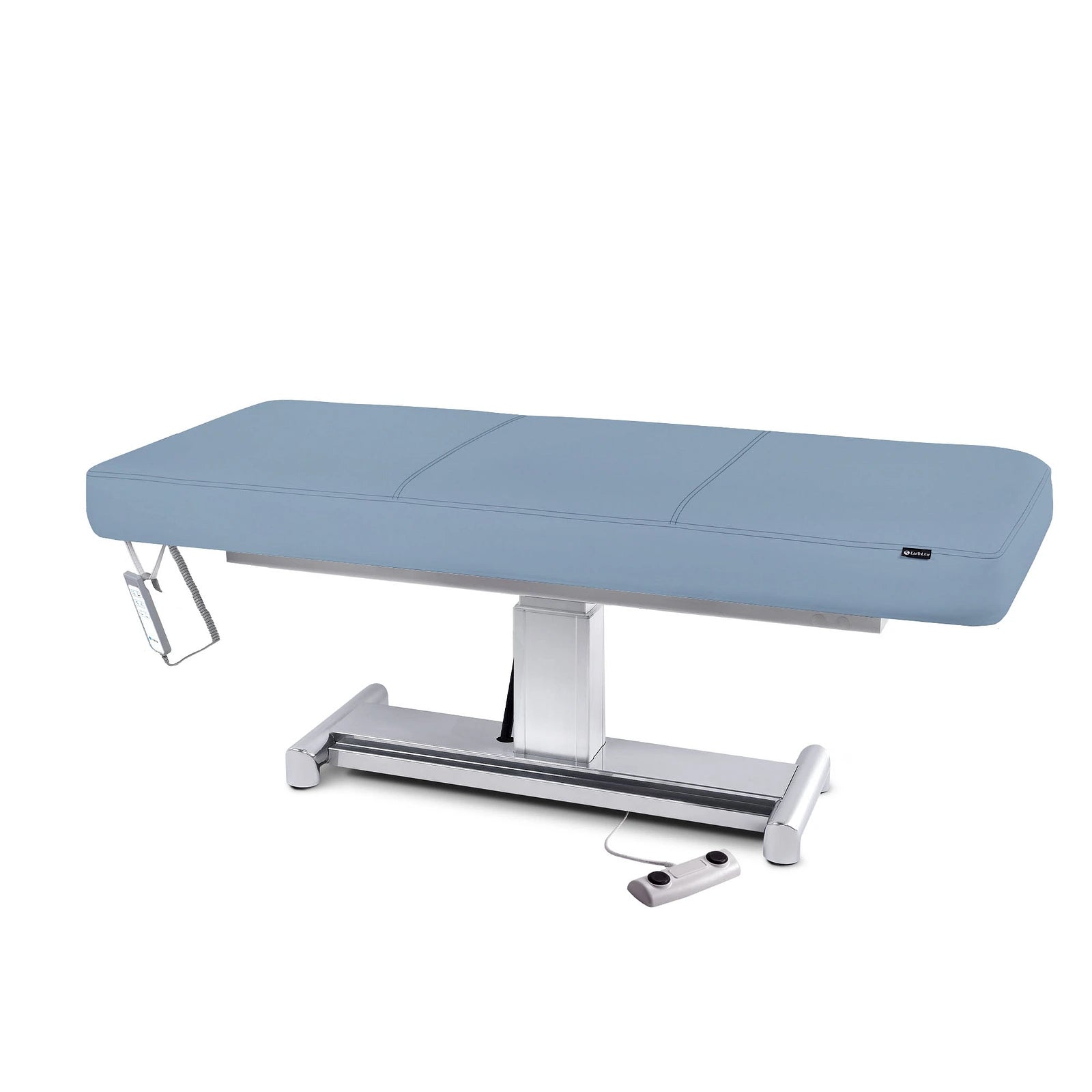 Earthlite EVEREST LX blue treatment table with metal base, memory foam, and control panel.