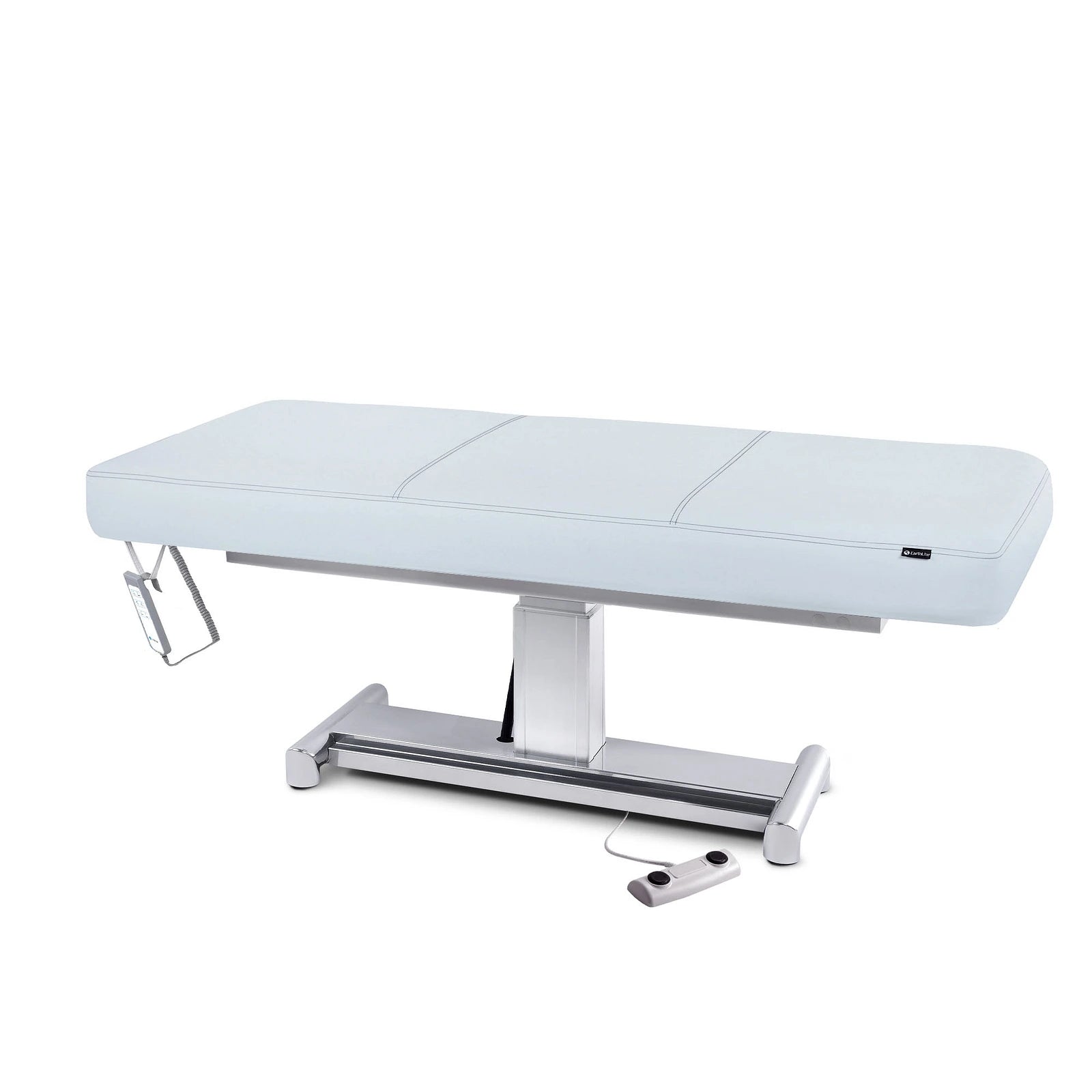 EarthLite EVEREST LX flat treatment table with remote and memory foam mattress, white.